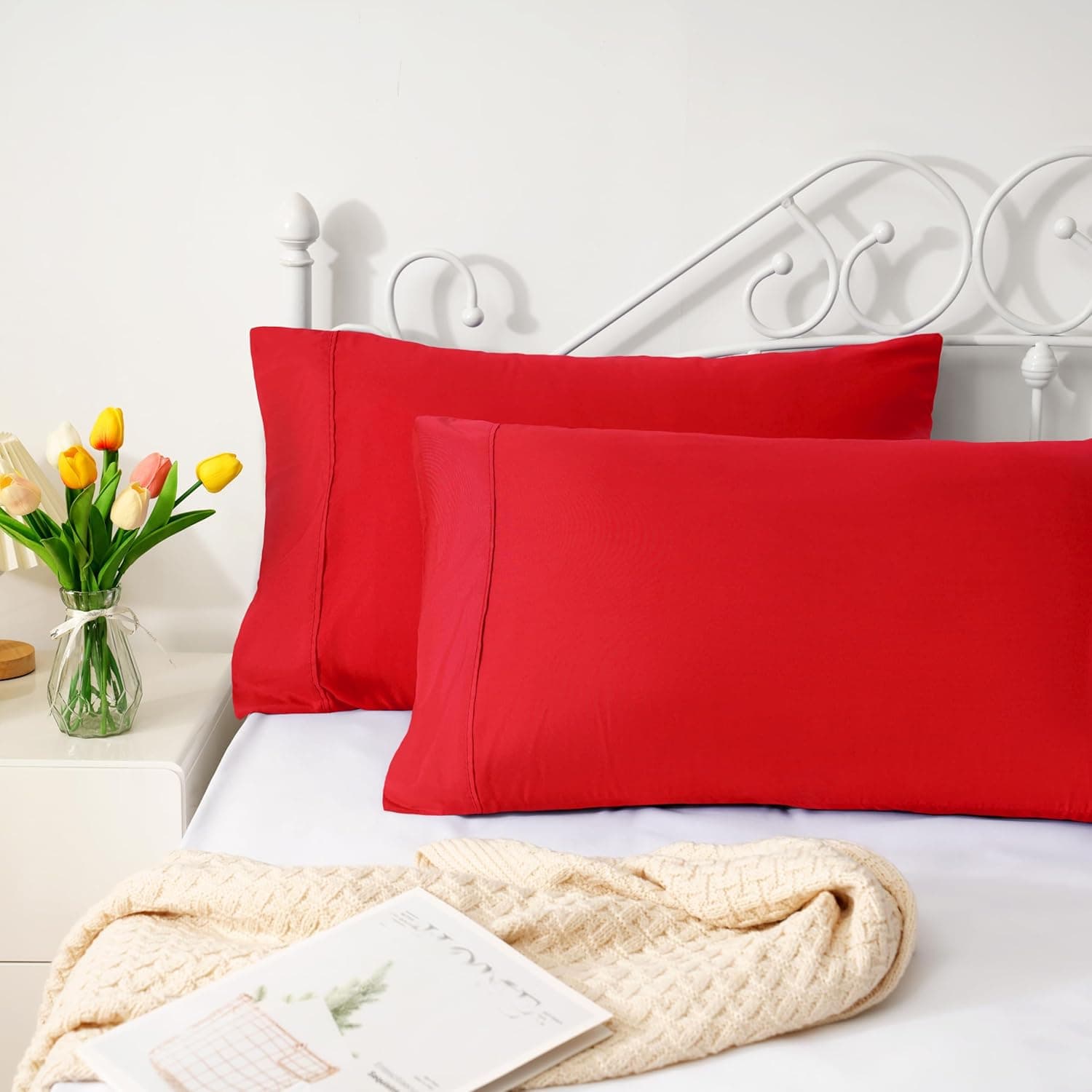 AYASW Pillowcases King Size Set of 2 Premium Soft and Cozy 1800 Double Brushed Microfiber with Envelope Closure Pillow Case 2 Pack Red 20x40 inches Wrinkle, Fade Resistant Easy Care Stable Breathable