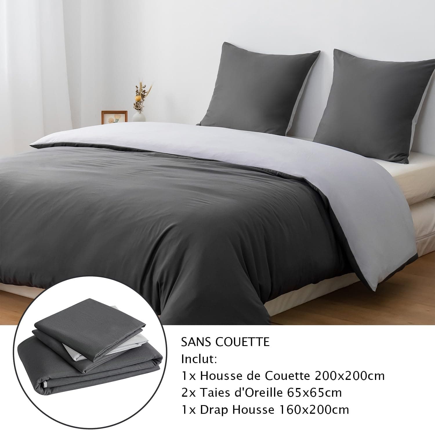 MOHAP 4 Pièces Housse de Couette Réversible 200x200 cm + Drap Housse 160x200cm avec Taie d'oreiller 65x65 cm Gris Foncé + Gris Clair Parure de Lit Bicolore Fermeture Éclair 8
