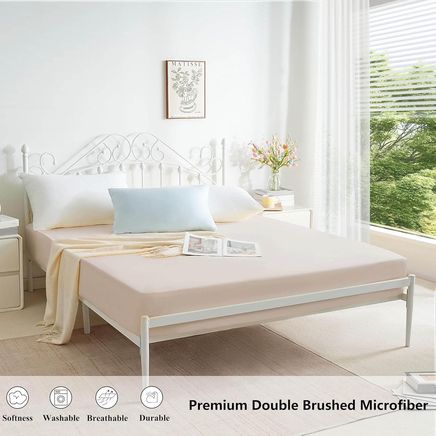 AYASW Fitted Sheet Only Queen Size Deep Pocket Soft Bed Bottom Sheet 1 Piece 1800 Brushed Microfiber Fits 8" to 16" Wrinkle Fade Resistant Easy Care Stable Beige Holiday Décor 3