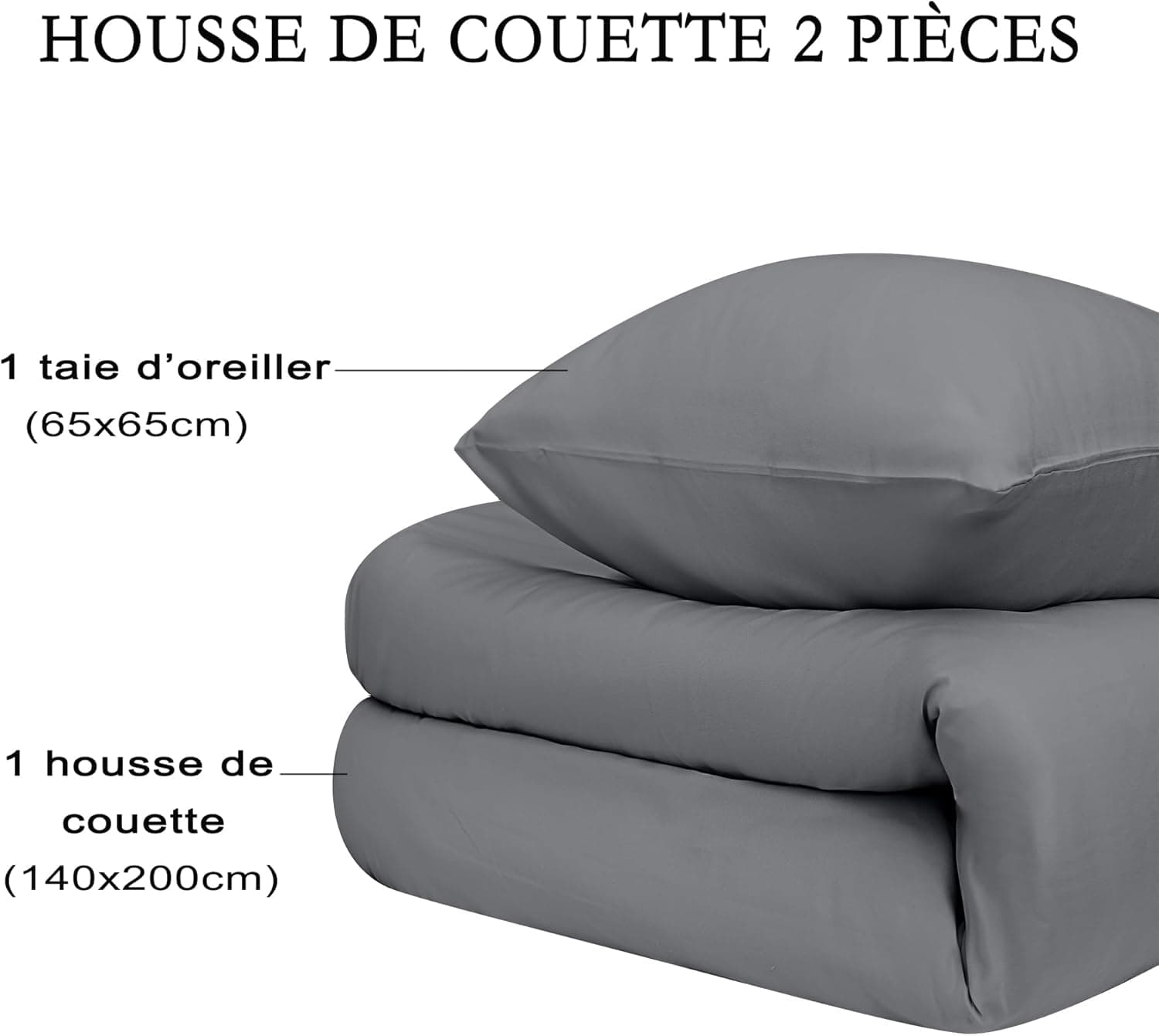 16 Couleurs Sets de Housses de Couettes 140x200 cm Double Fermeture Éclair 2 Pièces Microfibre Brossée 100 Fils/cm² + 1 Taie d'oreiller 65x65 cm Gris Parure de Lit Adulte 1 Personne 7