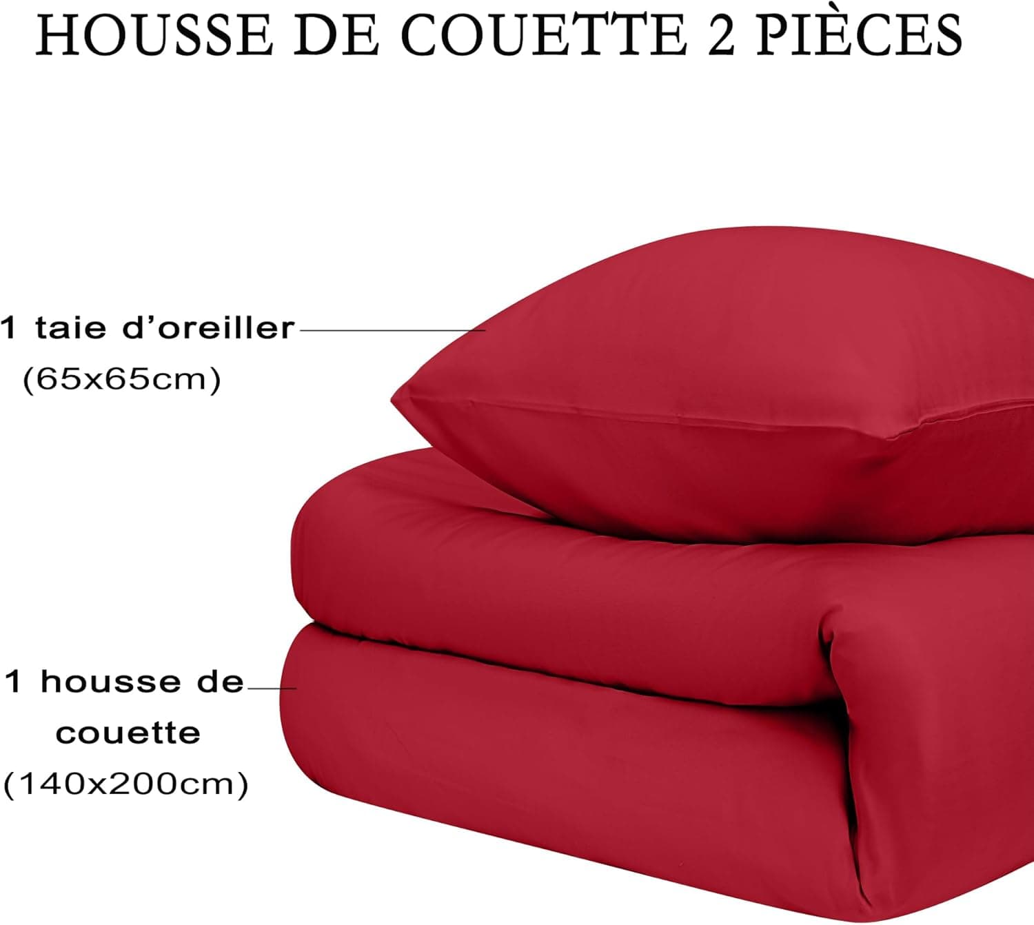16 Couleurs Sets de Housses de Couettes 140x200 cm Double Fermeture Éclair 2 Pièces Microfibre Brossée 100 Fils/cm² + 1 Taie d'oreiller 65x65 cm Rouge Parure de Lit Adulte 1 Personne 7