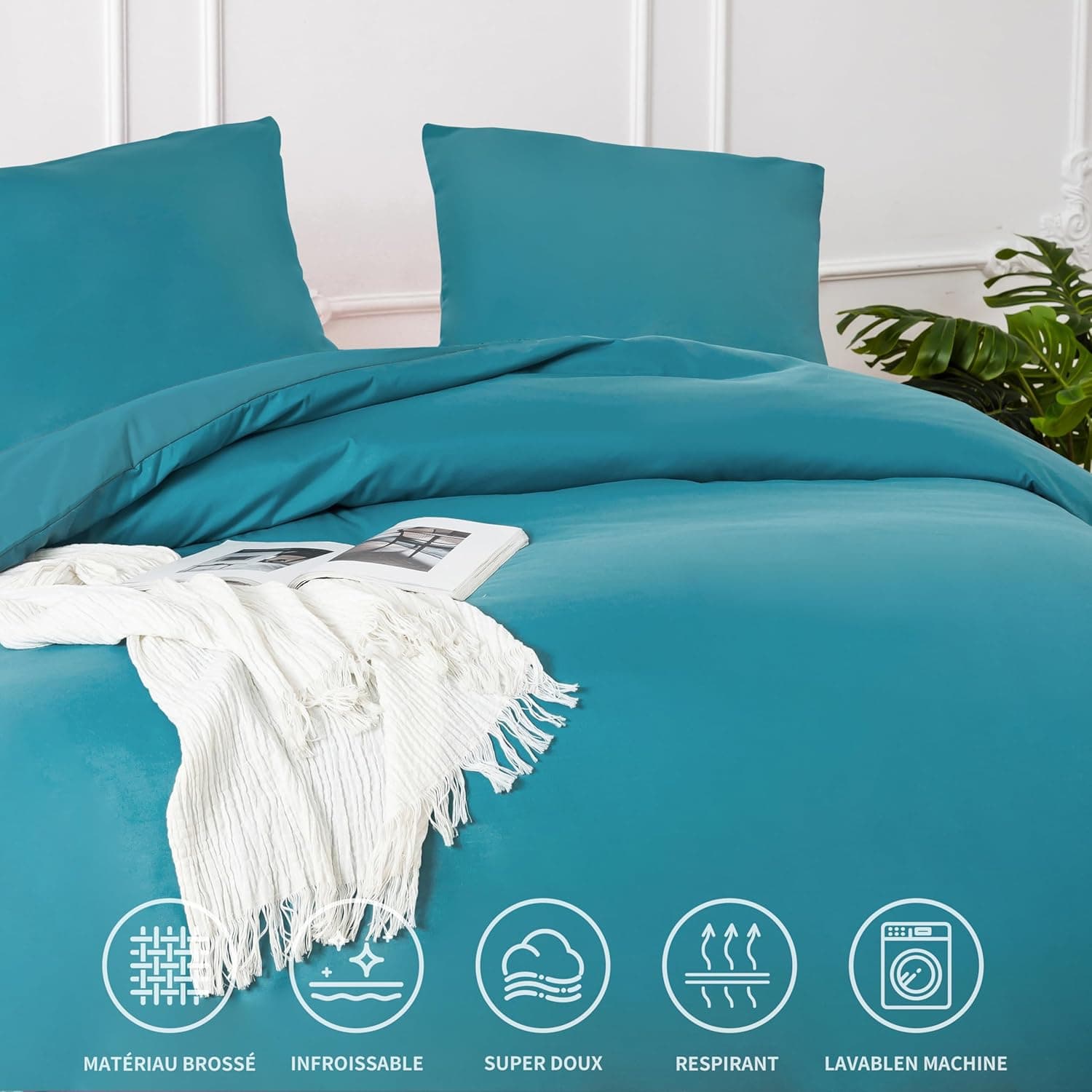 16 Couleurs Sets de Housses de Couettes 140x200 cm Double Fermeture Éclair 2 Pièces Microfibre Brossée 100 Fils/cm² + 1 Taie d'oreiller 65x65 cm Bleu Lac Parure de Lit Adulte 1 Personne 3