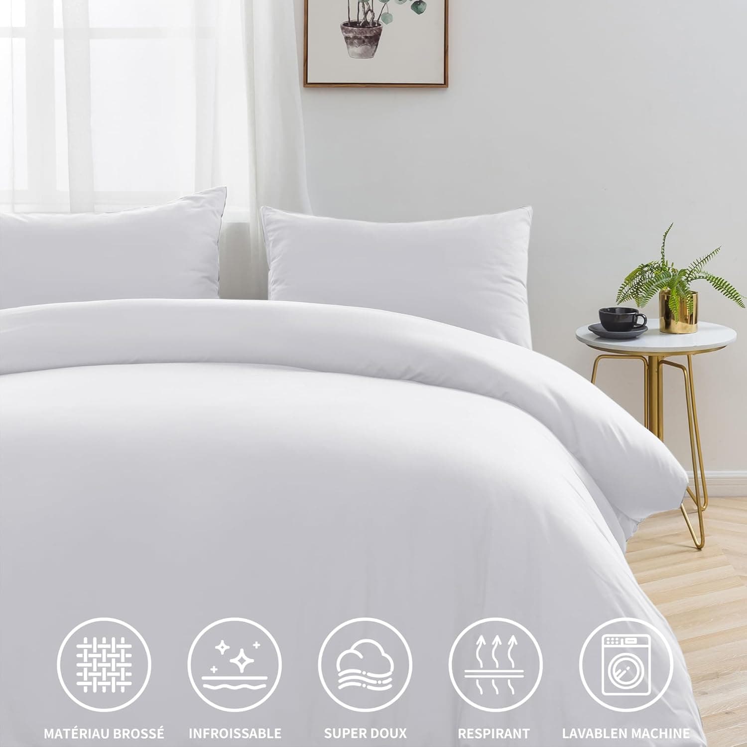 16 Couleurs Sets de Housses de Couettes 140x200 cm Double Fermeture Éclair 2 Pièces Microfibre Brossée 100 Fils/cm² + 1 Taie d'oreiller 65x65 cm Blanc Parure de Lit Adulte 1 Personne 3