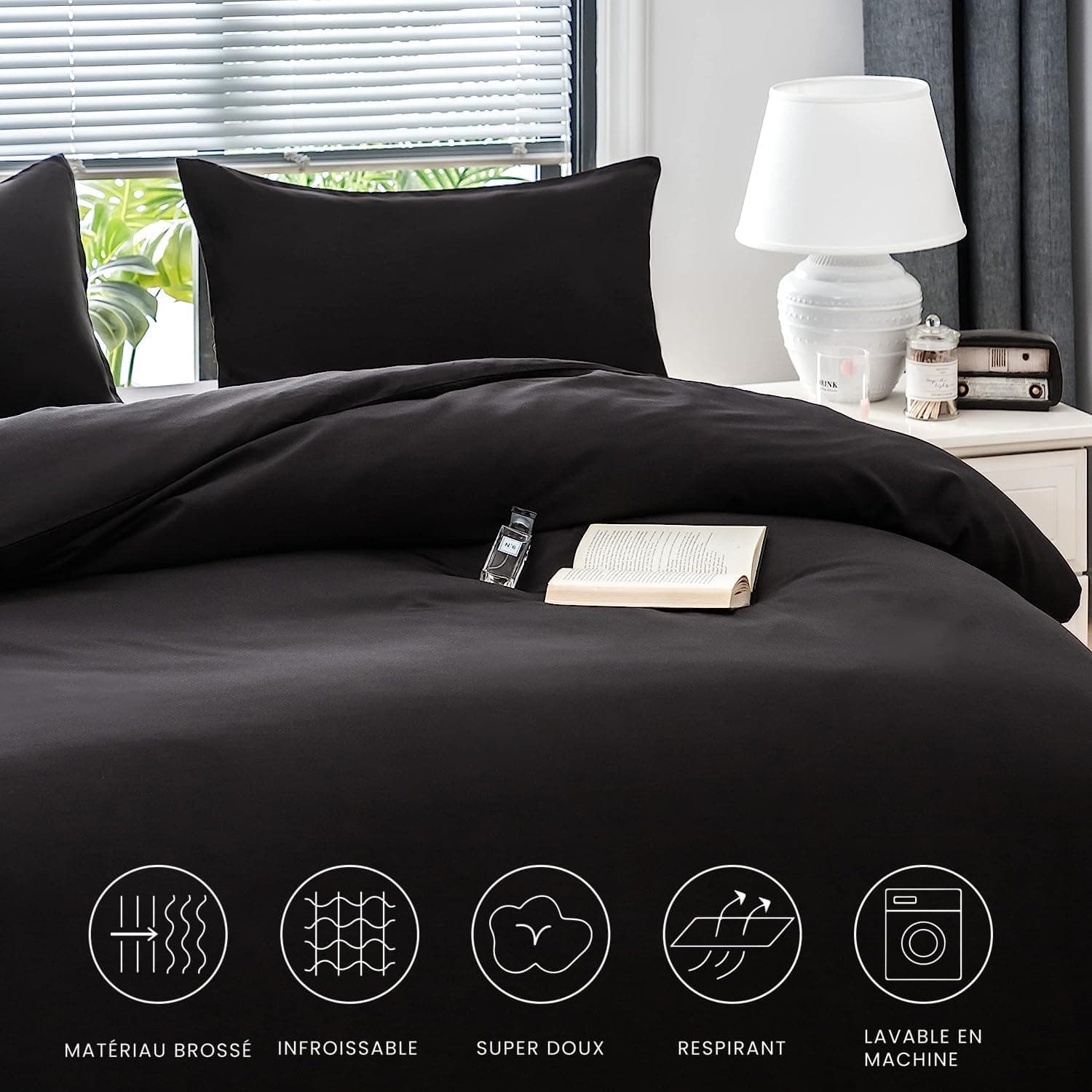 16 Couleurs Sets de Housses de Couettes 140x200 cm Double Fermeture Éclair 2 Pièces Microfibre Brossée 100 Fils/cm² + 1 Taie d'oreiller 65x65 cm Noir Parure de Lit Adulte 1 Personne 3