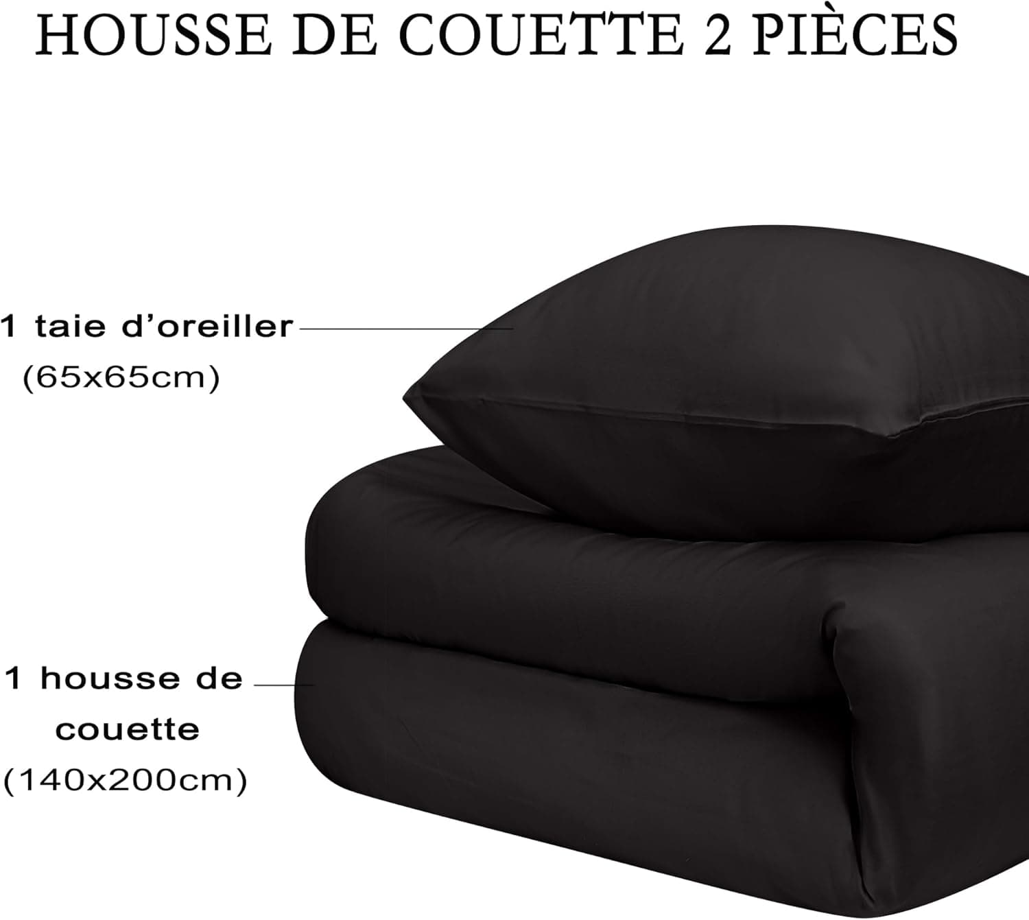 16 Couleurs Sets de Housses de Couettes 140x200 cm Double Fermeture Éclair 2 Pièces Microfibre Brossée 100 Fils/cm² + 1 Taie d'oreiller 65x65 cm Noir Parure de Lit Adulte 1 Personne 7