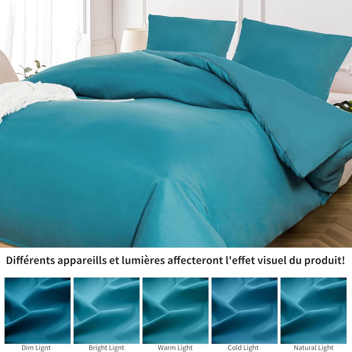 16 Couleurs Sets de Housses de Couettes 200x200 cm Double Fermeture Éclair 3 Pièces Microfibre Brossée 100 Fils/cm² + 2 Taies d'oreiller 65x65 cm Bleu Lac Parure de Lit Adulte 2 Personnes 6