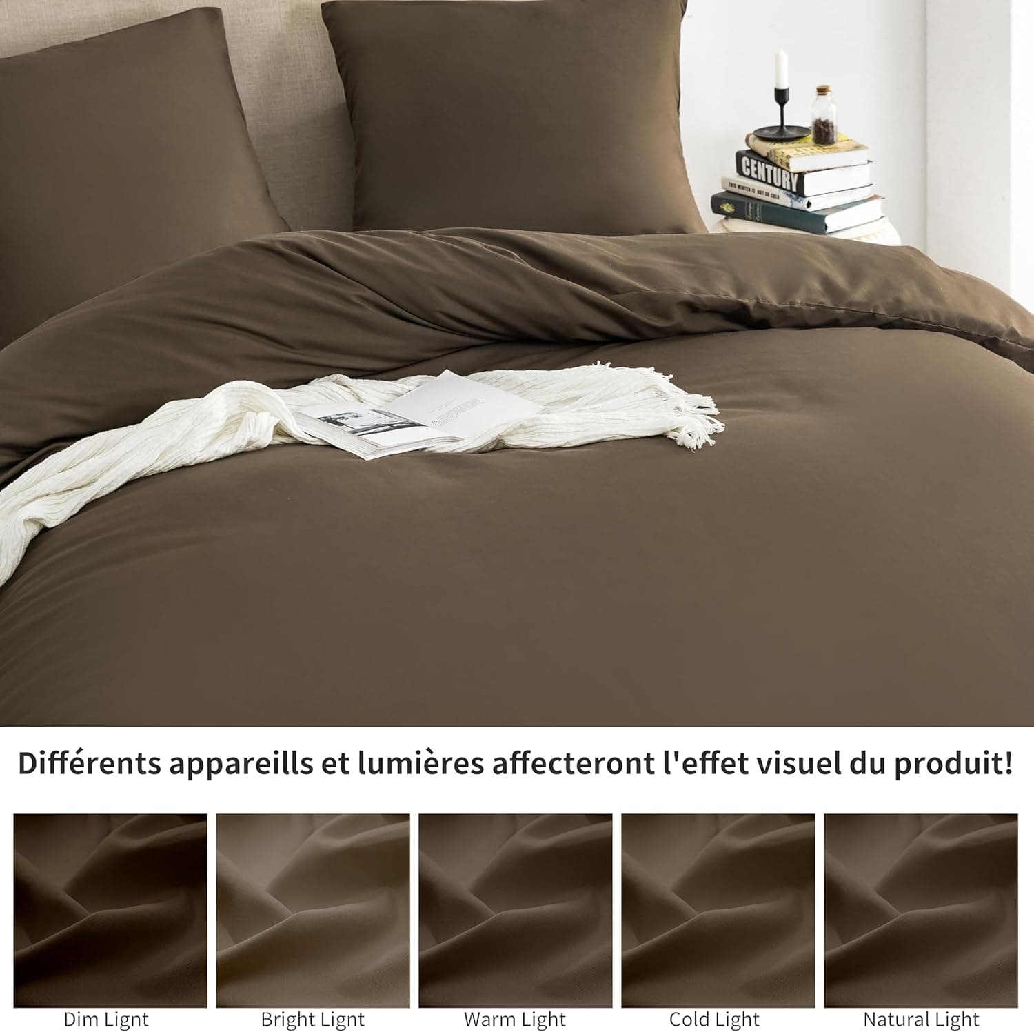16 Couleurs Sets de Housses de Couettes 200x200 cm Double Fermeture Éclair 3 Pièces Microfibre Brossée 100 Fils/cm² + 2 Taies d'oreiller 65x65 cm Café Parure de Lit Adulte 2 Personnes 6