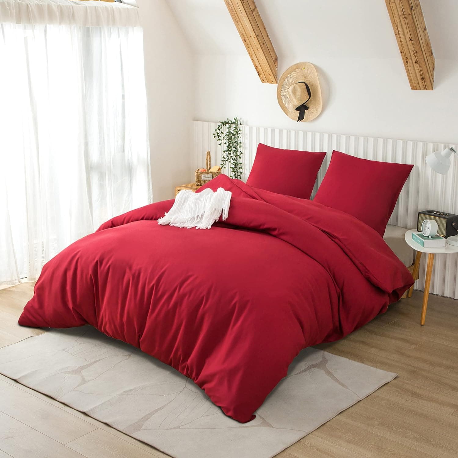 MOHAP Housse de Couette 240x260cm+2 Taies d'oreillers 65x65cm Rouge Parure de Lit Adulte 2 Personnes 100 Fils/cm² en Microfibre avec Fermeture Éclair 3
