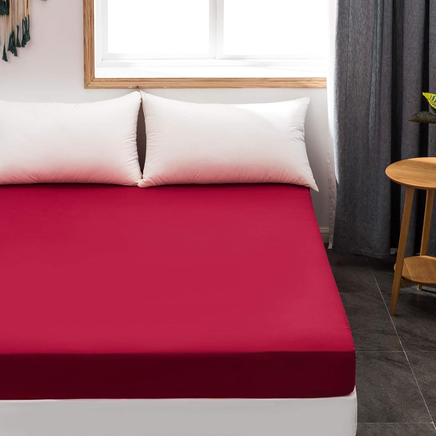 MOHAP Drap Housse 140x190-200cm avec Bonnet 30cm Rouge Vineux Drap Housse 100 GSM en Microfibre de Haute Qualité 100% Polyester Doux, Résistant, Anti Plis 3