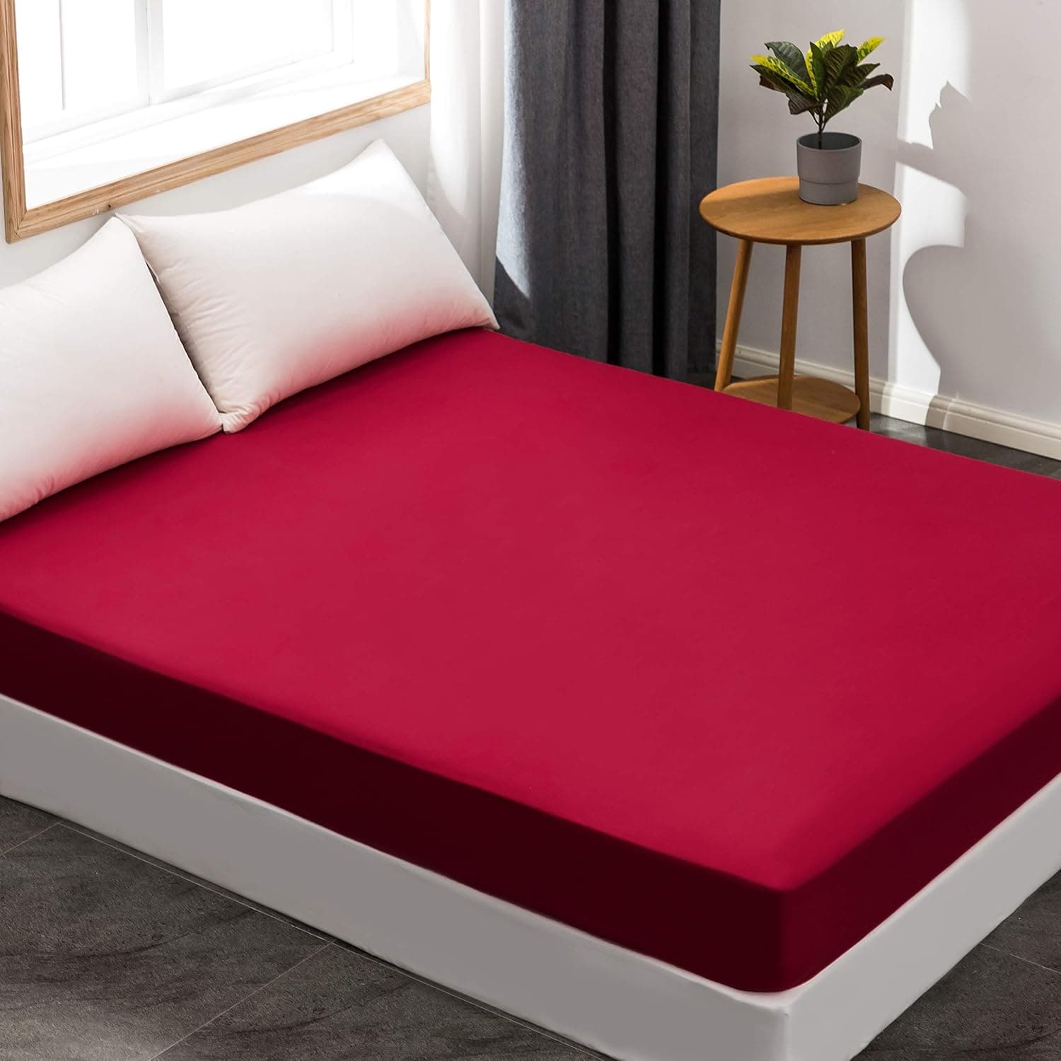 MOHAP Drap Housse 140x190-200cm avec Bonnet 30cm Rouge Vineux Drap Housse 100 GSM en Microfibre de Haute Qualité 100% Polyester Doux, Résistant, Anti Plis 4