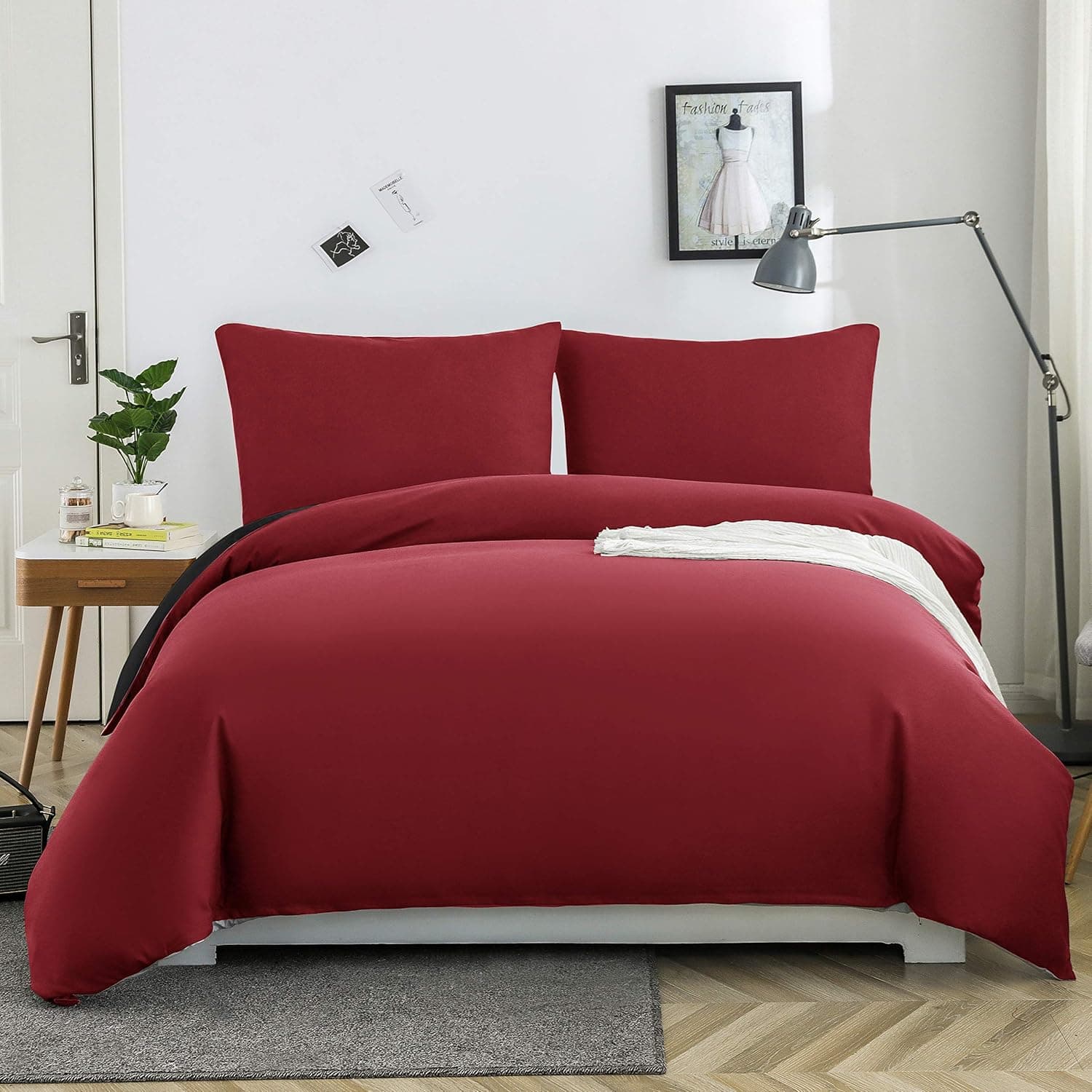 MOHAP Housse de Couette Réversible 220x240 / 65x65x2 cm Rouge + Noir Parure de Lit Bicolore pour 2 Personnes Fermeture Éclair Sets de Housse Couette