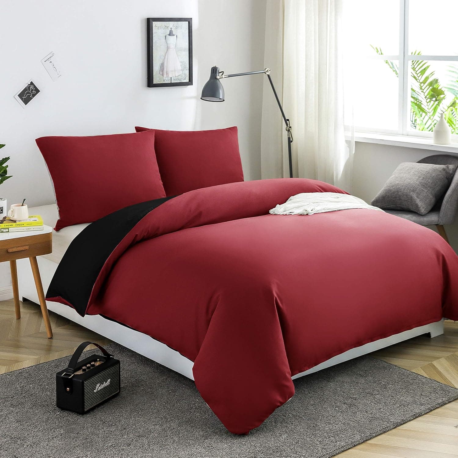 MOHAP Housse de Couette Réversible 220x240 / 65x65x2 cm Rouge + Noir Parure de Lit Bicolore pour 2 Personnes Fermeture Éclair Sets de Housse Couette 2