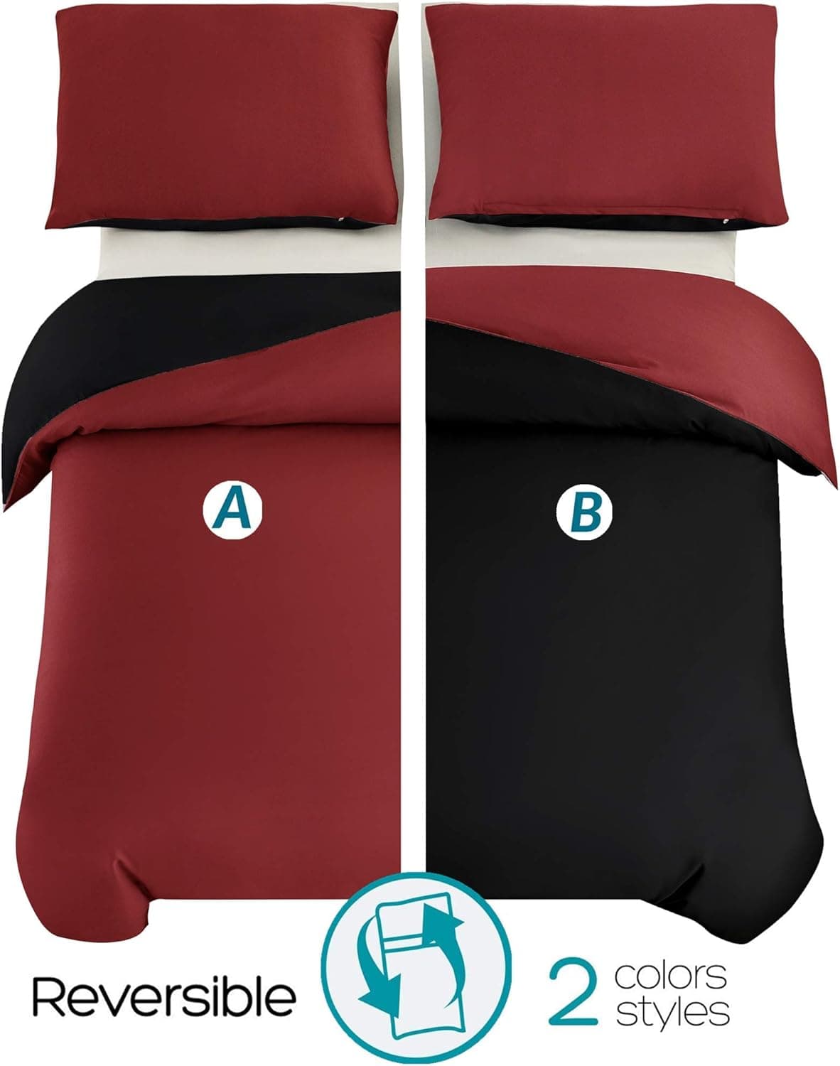 MOHAP Housse de Couette Réversible 220x240 / 65x65x2 cm Rouge + Noir Parure de Lit Bicolore pour 2 Personnes Fermeture Éclair Sets de Housse Couette 3