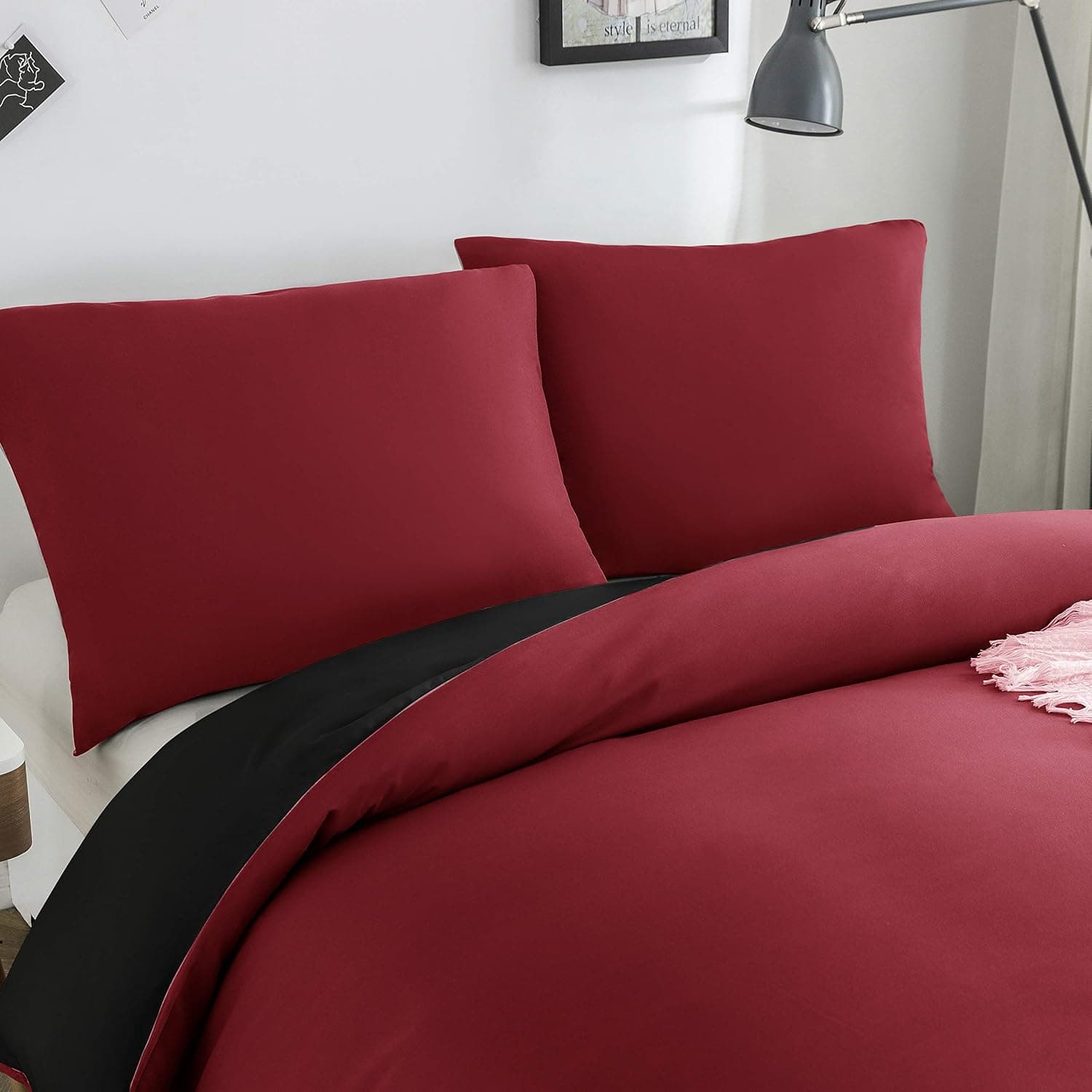 MOHAP Housse de Couette Réversible 220x240 / 65x65x2 cm Rouge + Noir Parure de Lit Bicolore pour 2 Personnes Fermeture Éclair Sets de Housse Couette 5