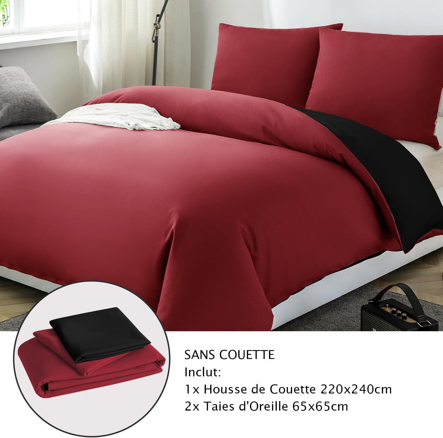 MOHAP Housse de Couette Réversible 220x240 / 65x65x2 cm Rouge + Noir Parure de Lit Bicolore pour 2 Personnes Fermeture Éclair Sets de Housse Couette 6