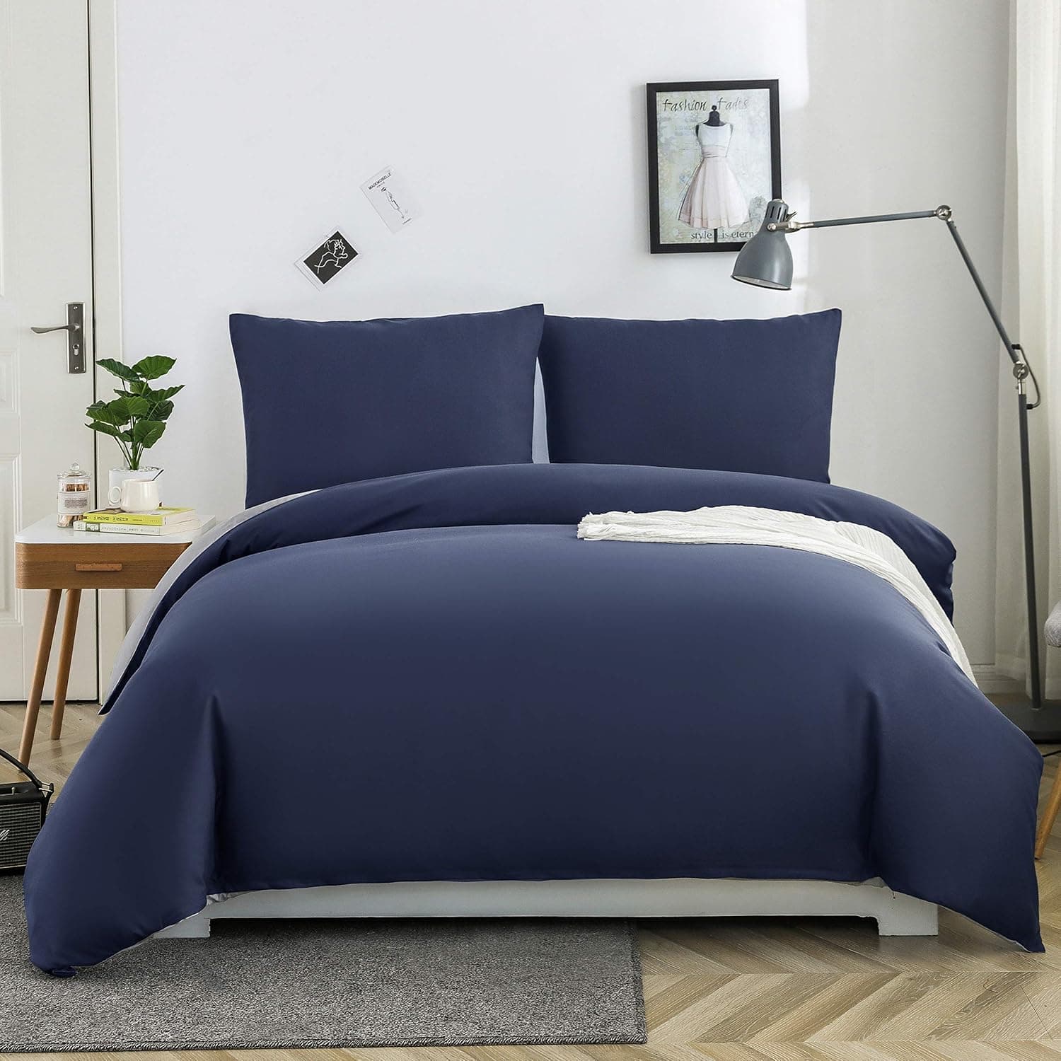 MOHAP Housse de Couette Réversible 220x240 / 65x65x2 cm Marine + Gris Parure de Lit Bicolore pour 2 Personnes Fermeture Éclair Sets de Housse Couette