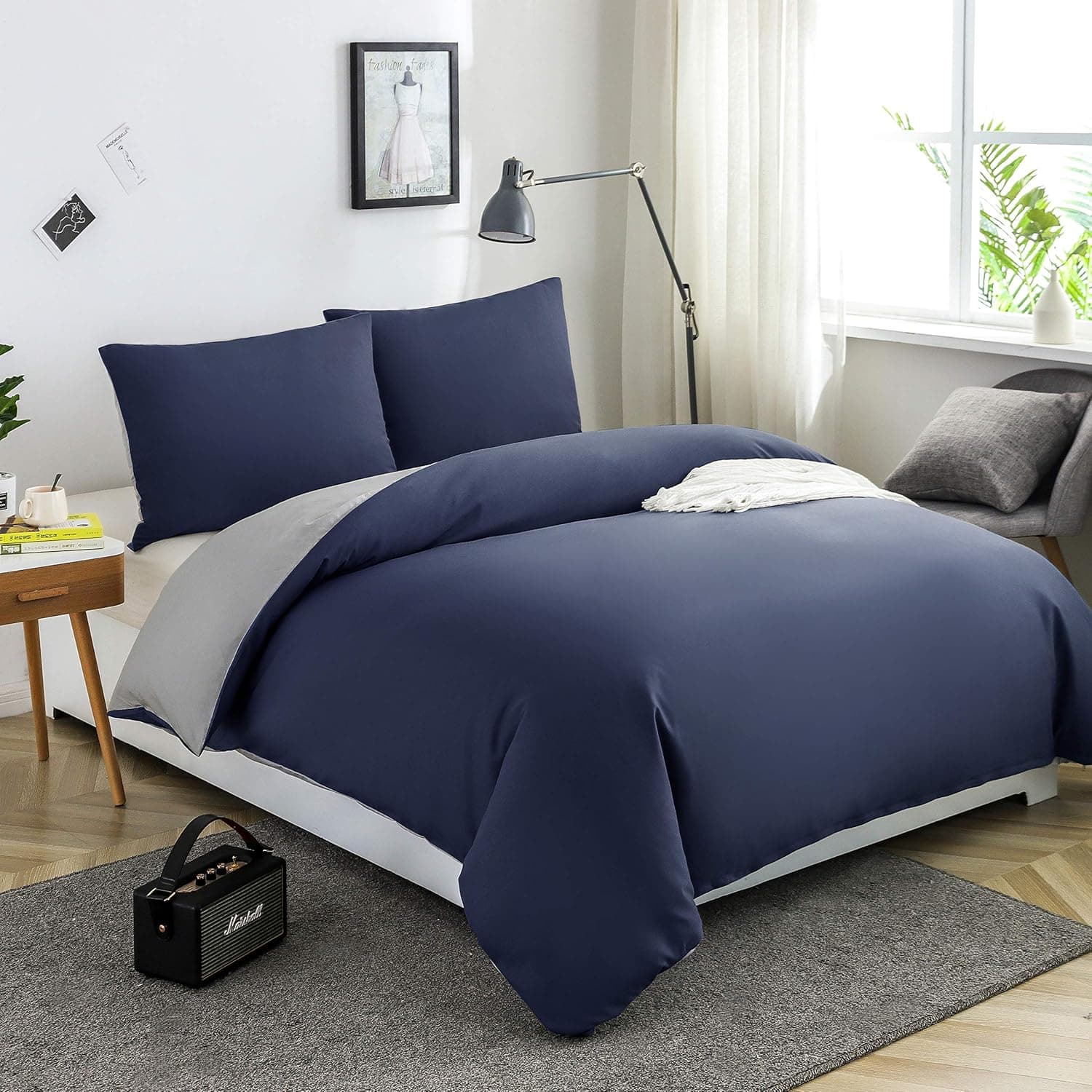 MOHAP Housse de Couette Réversible 220x240 / 65x65x2 cm Marine + Gris Parure de Lit Bicolore pour 2 Personnes Fermeture Éclair Sets de Housse Couette 2