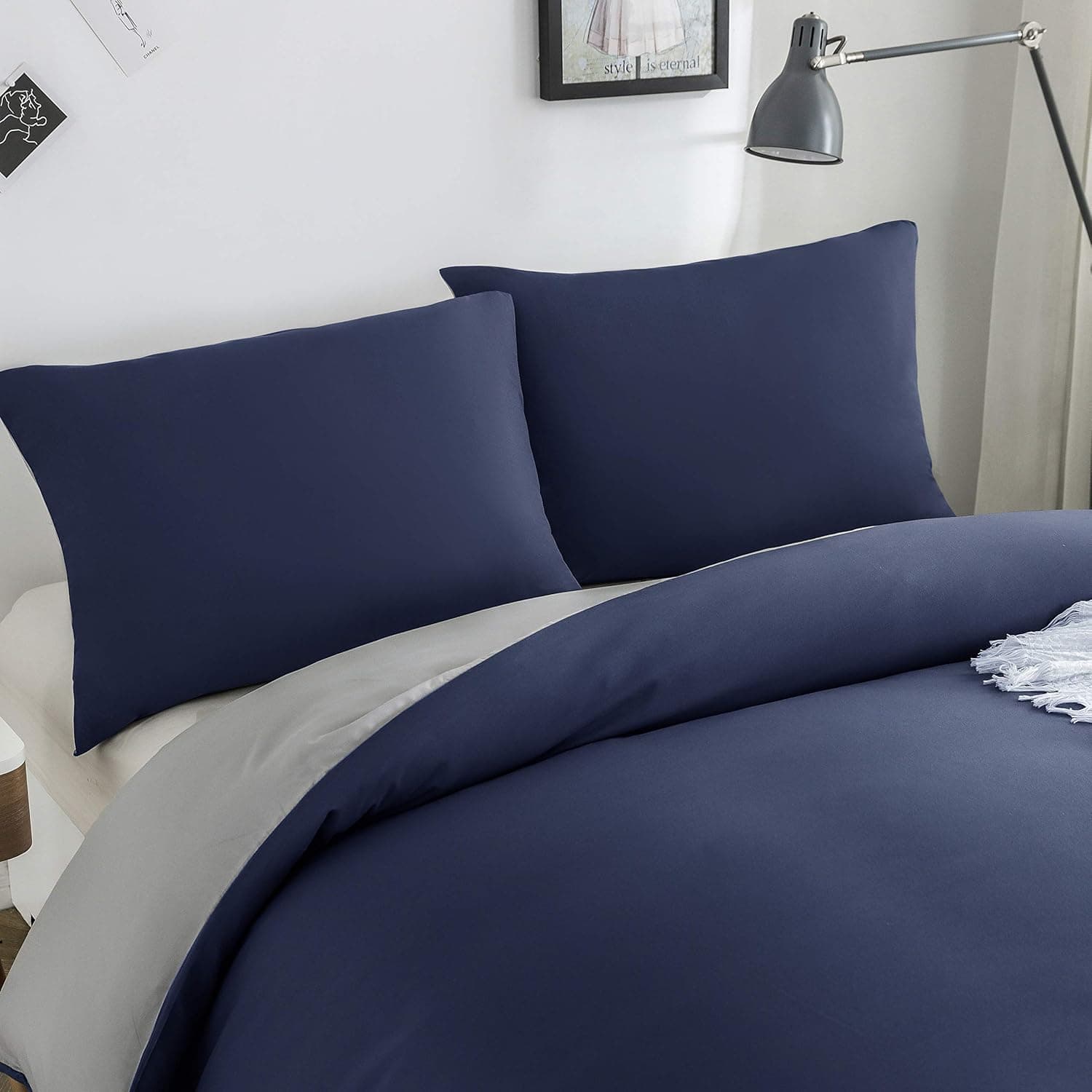 MOHAP Housse de Couette Réversible 220x240 / 65x65x2 cm Marine + Gris Parure de Lit Bicolore pour 2 Personnes Fermeture Éclair Sets de Housse Couette 3