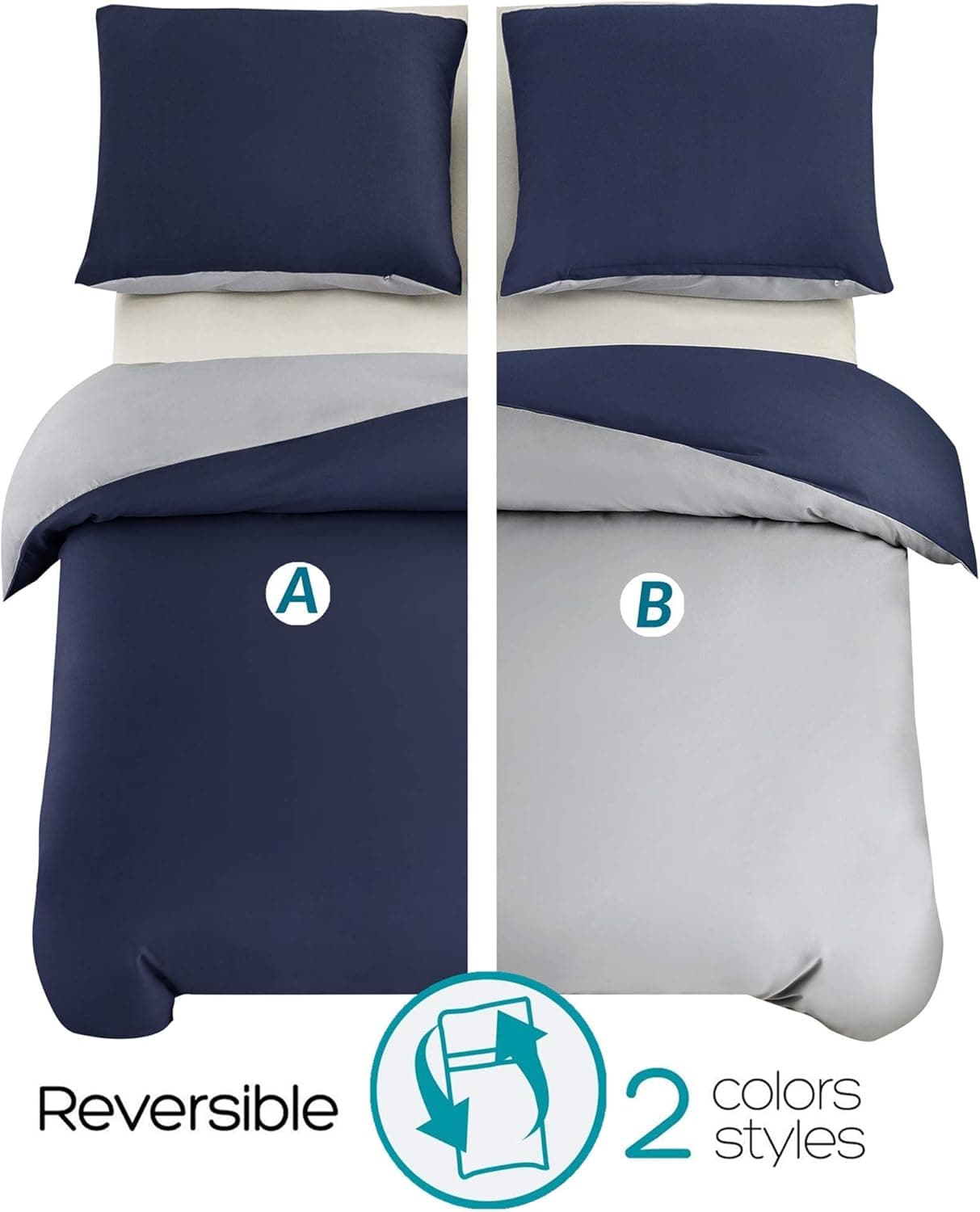 MOHAP Housse de Couette Réversible 220x240 / 65x65x2 cm Marine + Gris Parure de Lit Bicolore pour 2 Personnes Fermeture Éclair Sets de Housse Couette 4