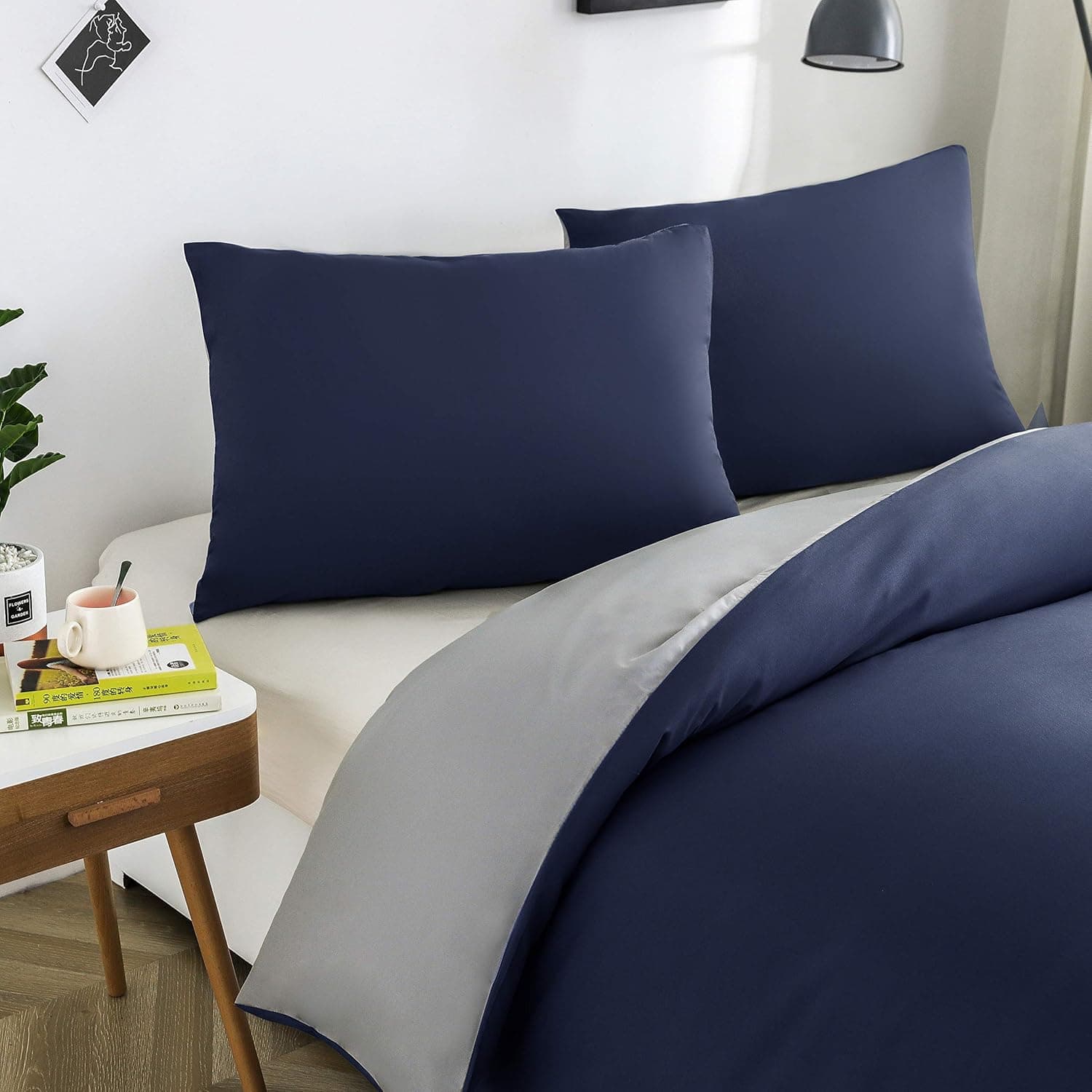 MOHAP Housse de Couette Réversible 220x240 / 65x65x2 cm Marine + Gris Parure de Lit Bicolore pour 2 Personnes Fermeture Éclair Sets de Housse Couette 5