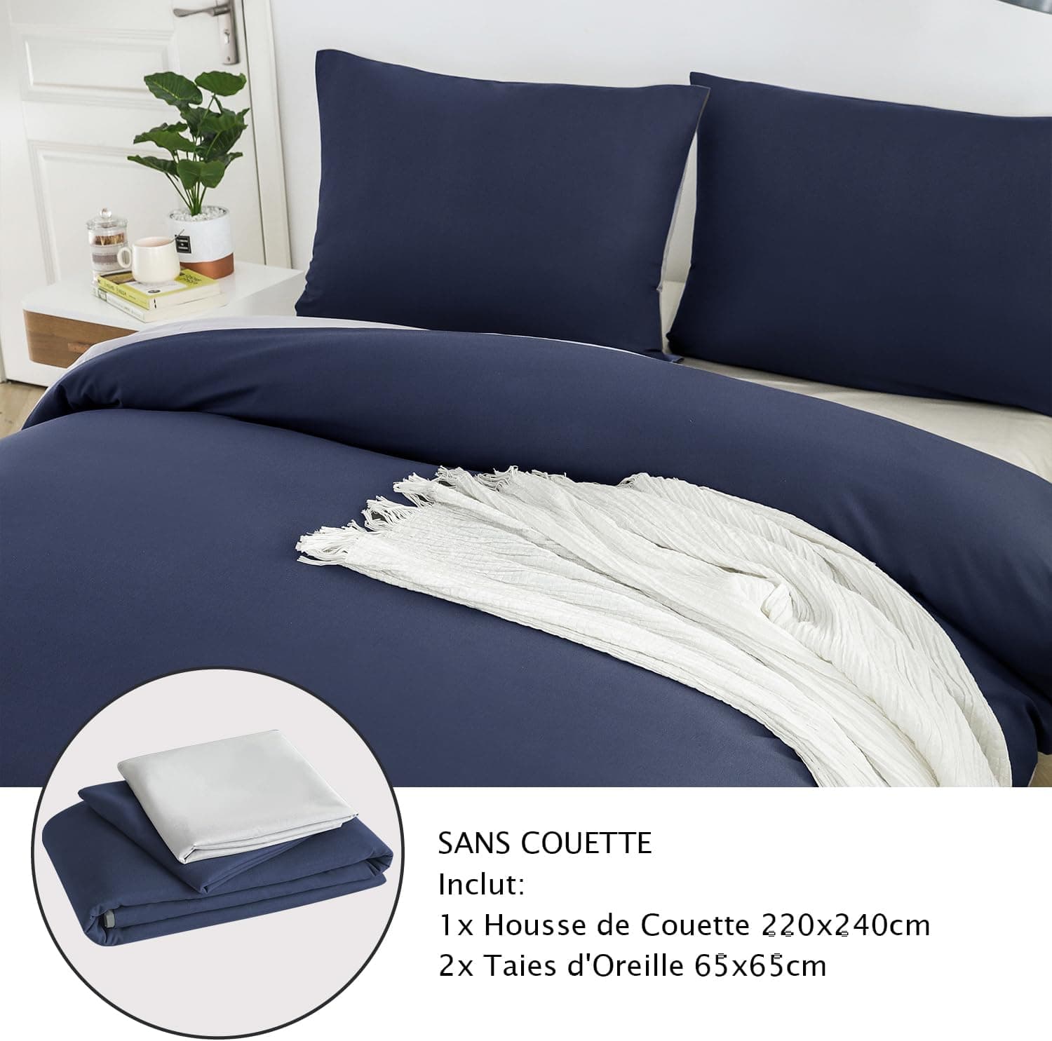 MOHAP Housse de Couette Réversible 220x240 / 65x65x2 cm Marine + Gris Parure de Lit Bicolore pour 2 Personnes Fermeture Éclair Sets de Housse Couette 6