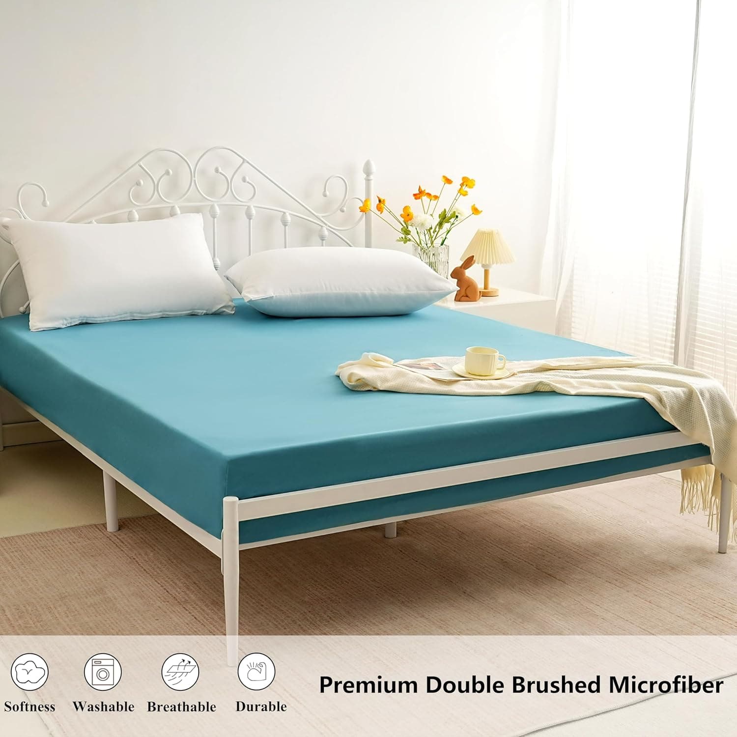 AYASW Fitted Sheet Only Queen Size Deep Pocket 16 Inches Bed Bottom Sheet 1 Piece Soft and Cozy 1800 Brushed Microfiber Wrinkle Fade Resistant Easy Care Teal Stable Holiday Décor 3