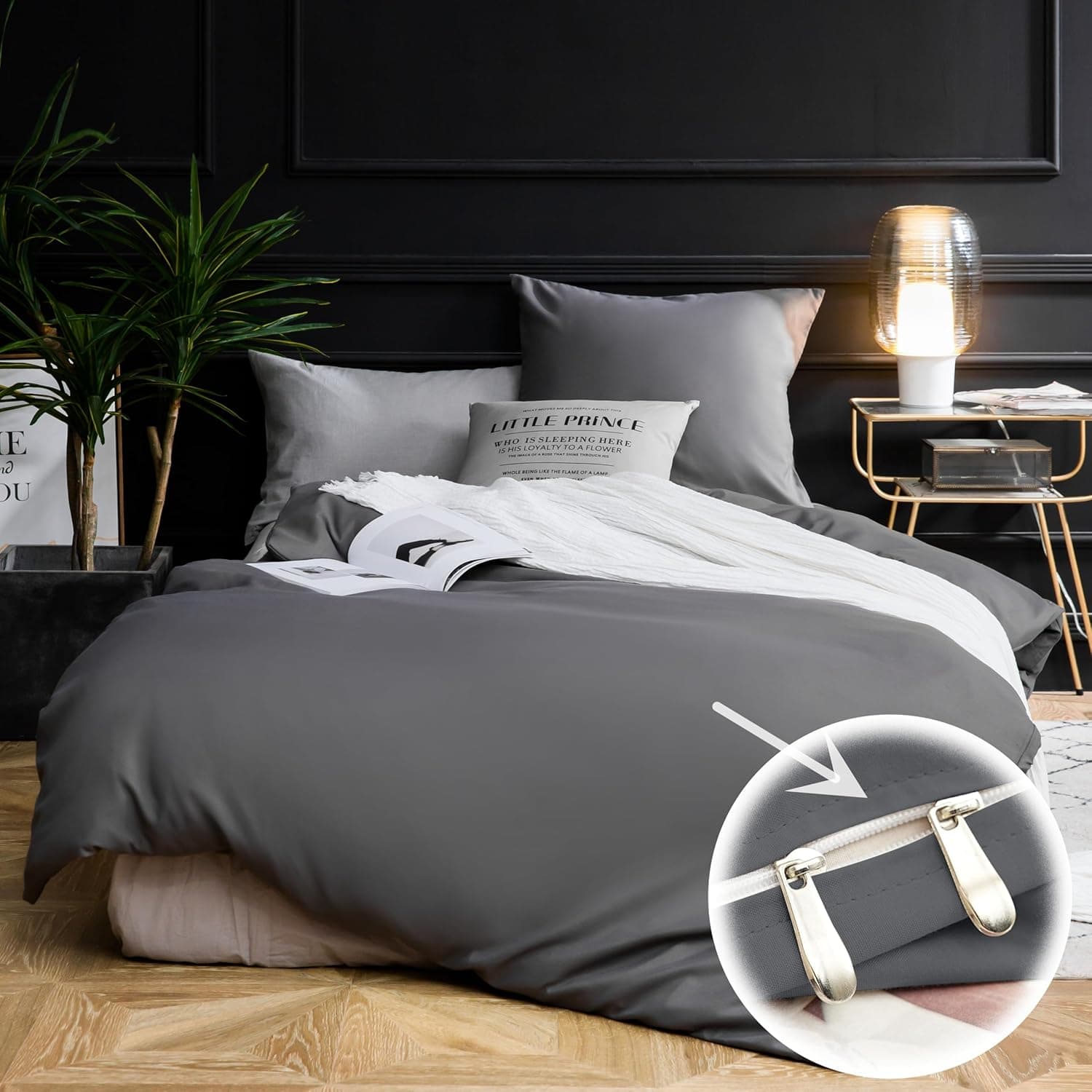 Bed Linen, 4 Piece, Brushed Microfibre, 2 Duvet Covers (135 x 200 cm) + 2 Pillowcases (80 x 80 cm), with Zip, Grey