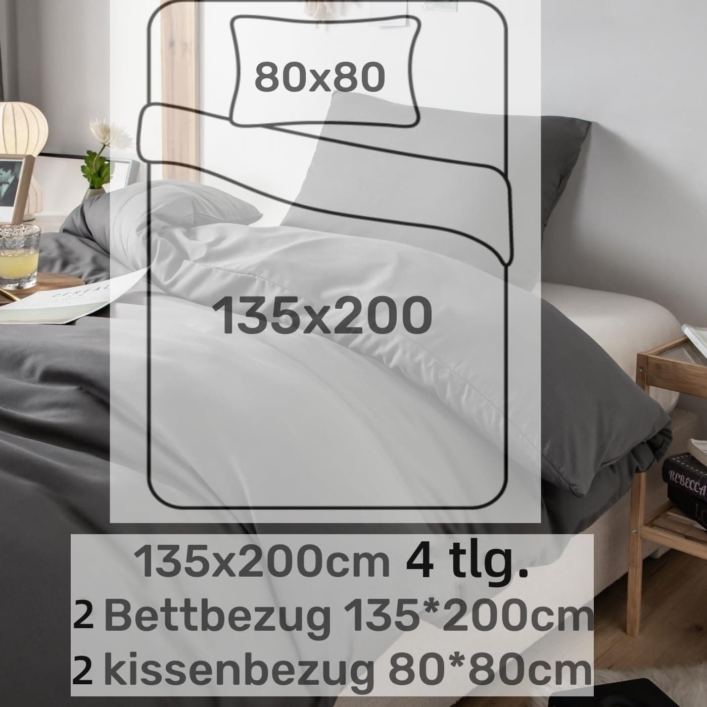 Bed Linen, 4 Piece, Brushed Microfibre, 2 Duvet Covers (135 x 200 cm) + 2 Pillowcases (80 x 80 cm), with Zip, Grey 6