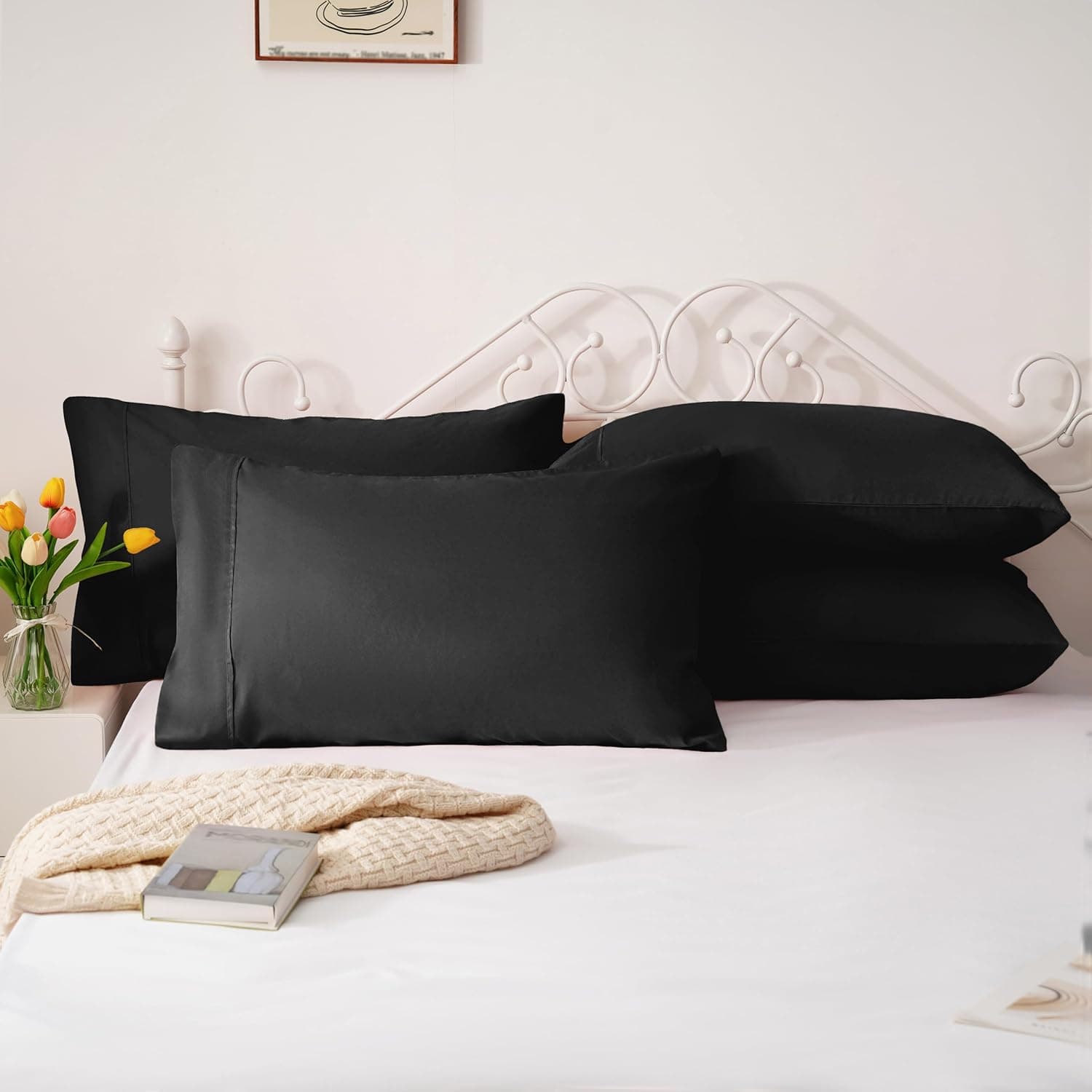 AYASW Pillowcases Queen Size Set of 4 Pieces Premium Soft and Cozy 1800 Double Brushed Microfiber with Envelope Closure Pillow Case Black 20x30 inch Wrinkle Fade Resistant Stable Holiday Decor 2