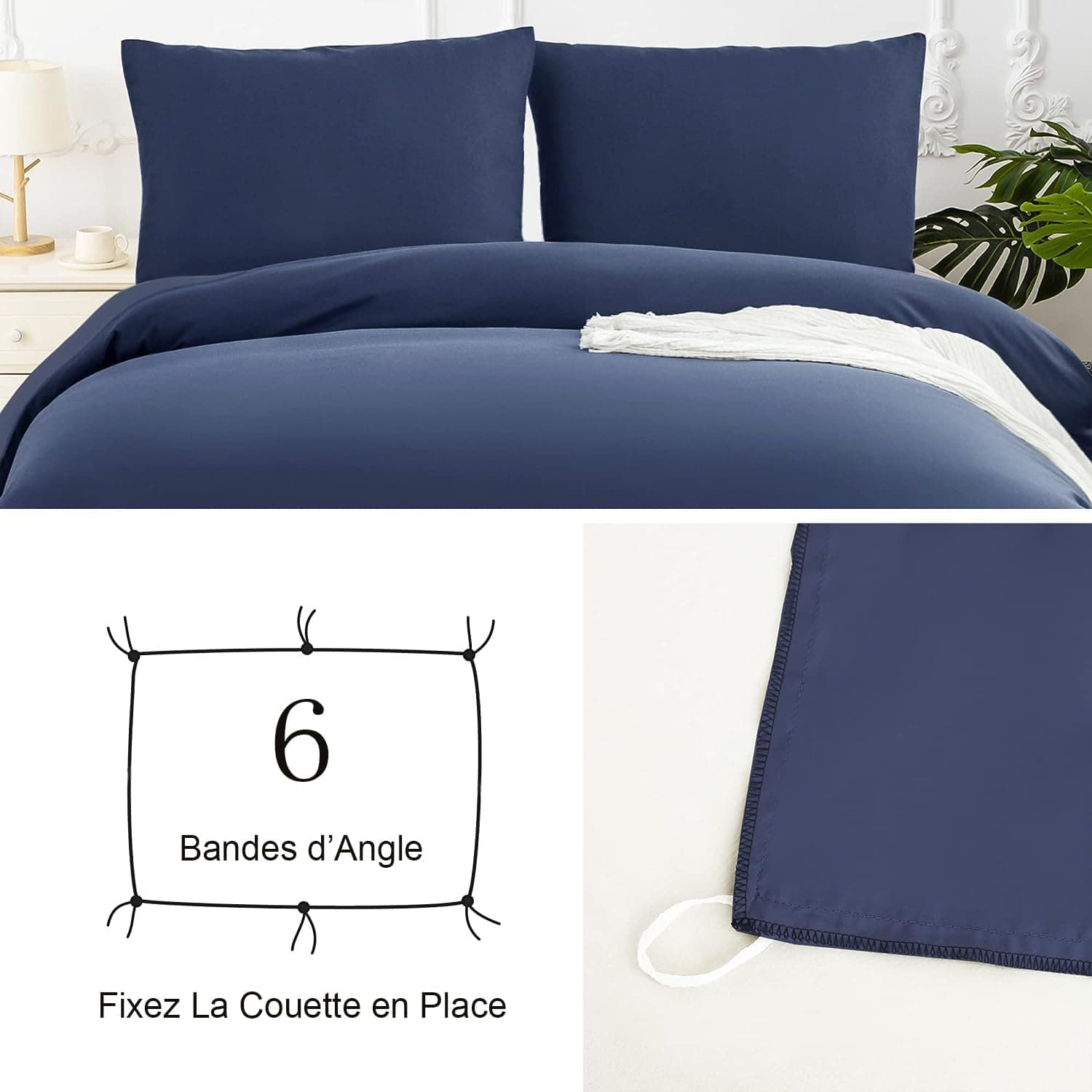 16 Couleurs Sets de Housses de Couettes 200x200 cm Double Fermeture Éclair 3 Pièces Microfibre Brossée 100 Fils/cm² + 2 Taies d'oreiller 65x65 cm Marine Parure de Lit Adulte 2 Personnes 4