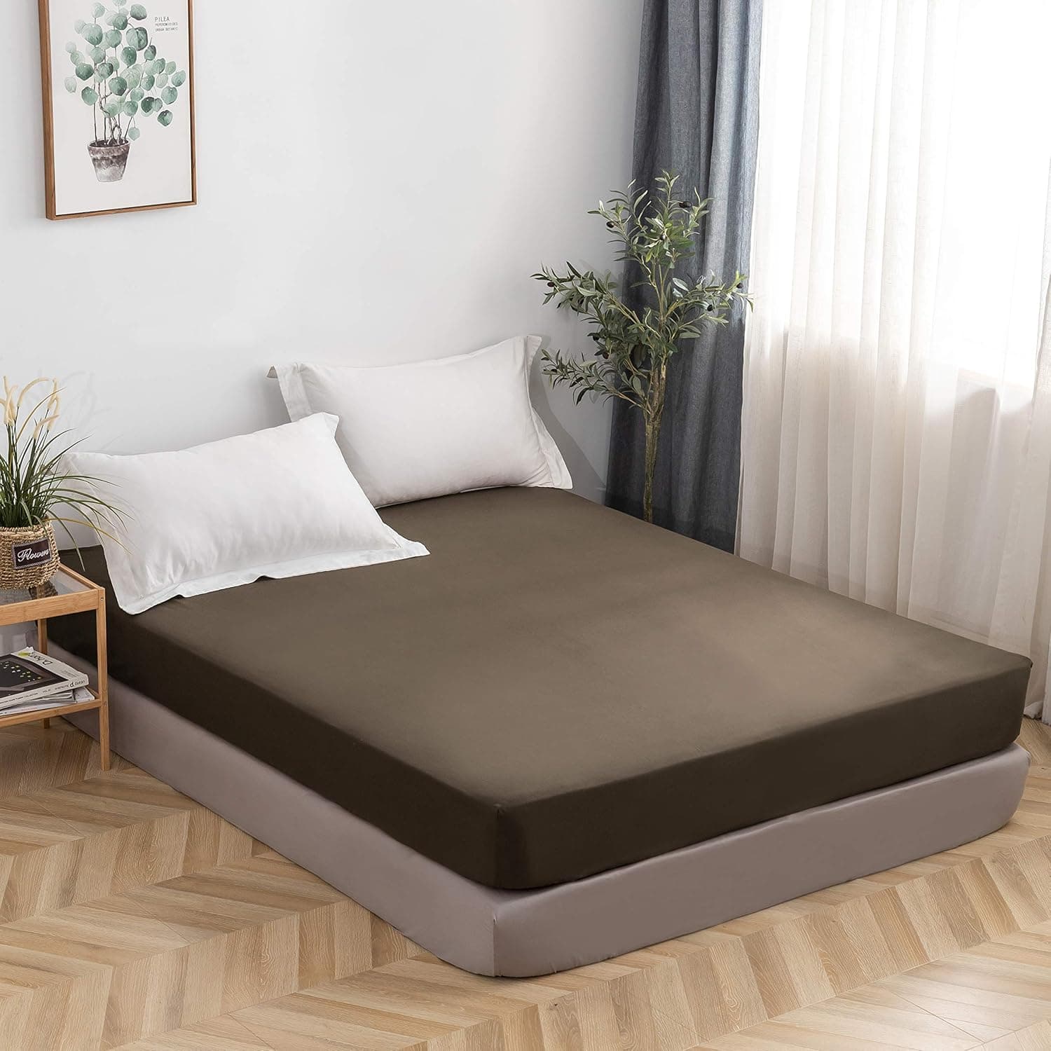 MOHAP Drap Housse 180x200cm avec Bonnet 30cm Café Drap Housse 100 GSM en Microfibre de Haute Qualité 100% Polyester Doux, Résistant, Anti Plis 2