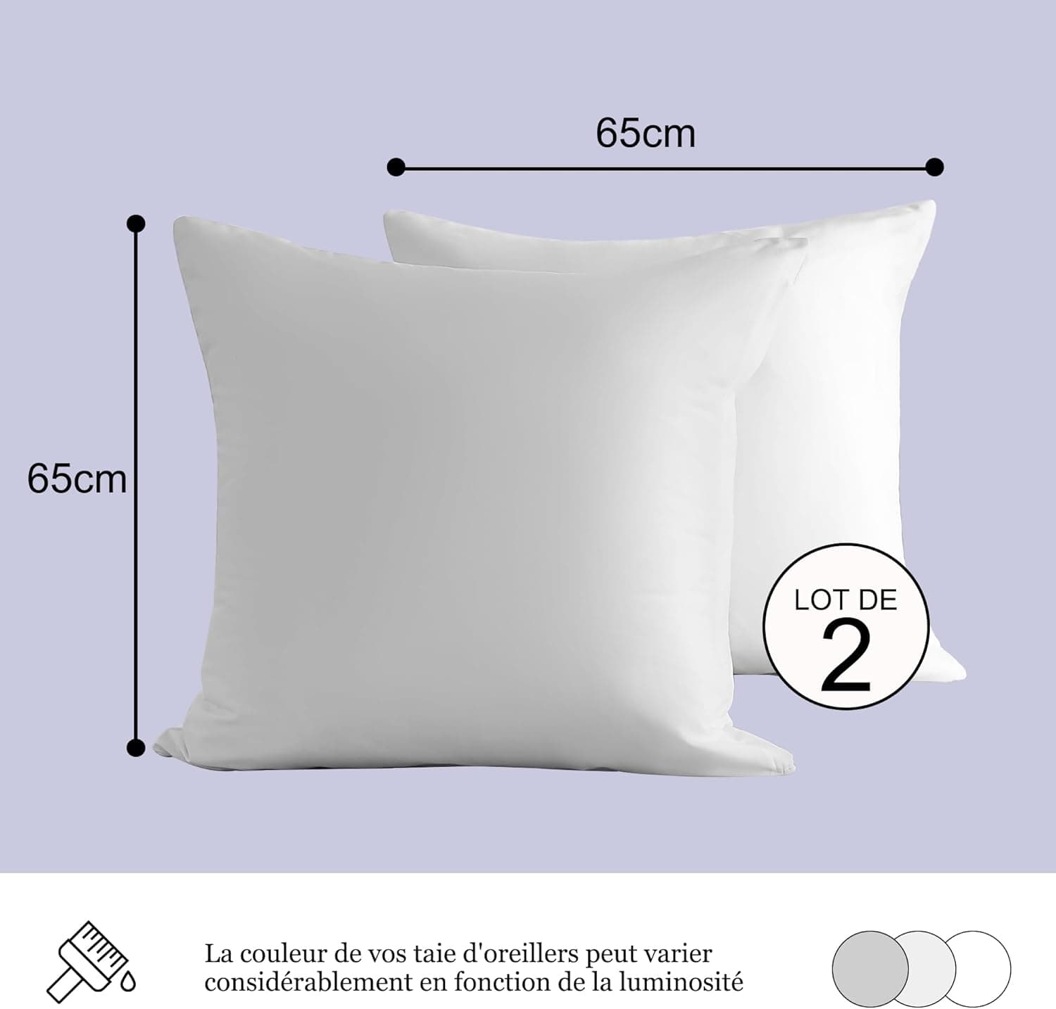 18 Couleurs Lot 2 Taie d'oreiller 65x65 cm Blanc Housse Oreiller Coussin pour Canapé Lit Fermeture Éclair Anti-Acariens Hypoallergénique Protège Oreiller Zip Microfibre 2