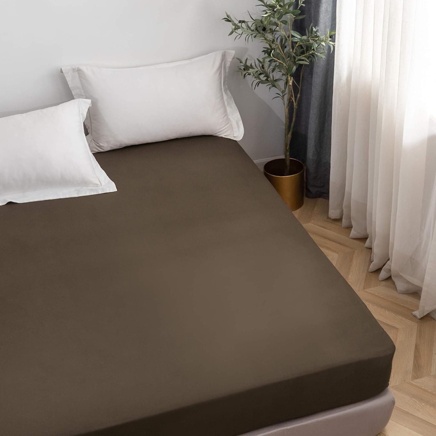 MOHAP Drap Housse 180x200cm avec Bonnet 30cm Café Drap Housse 100 GSM en Microfibre de Haute Qualité 100% Polyester Doux, Résistant, Anti Plis 3