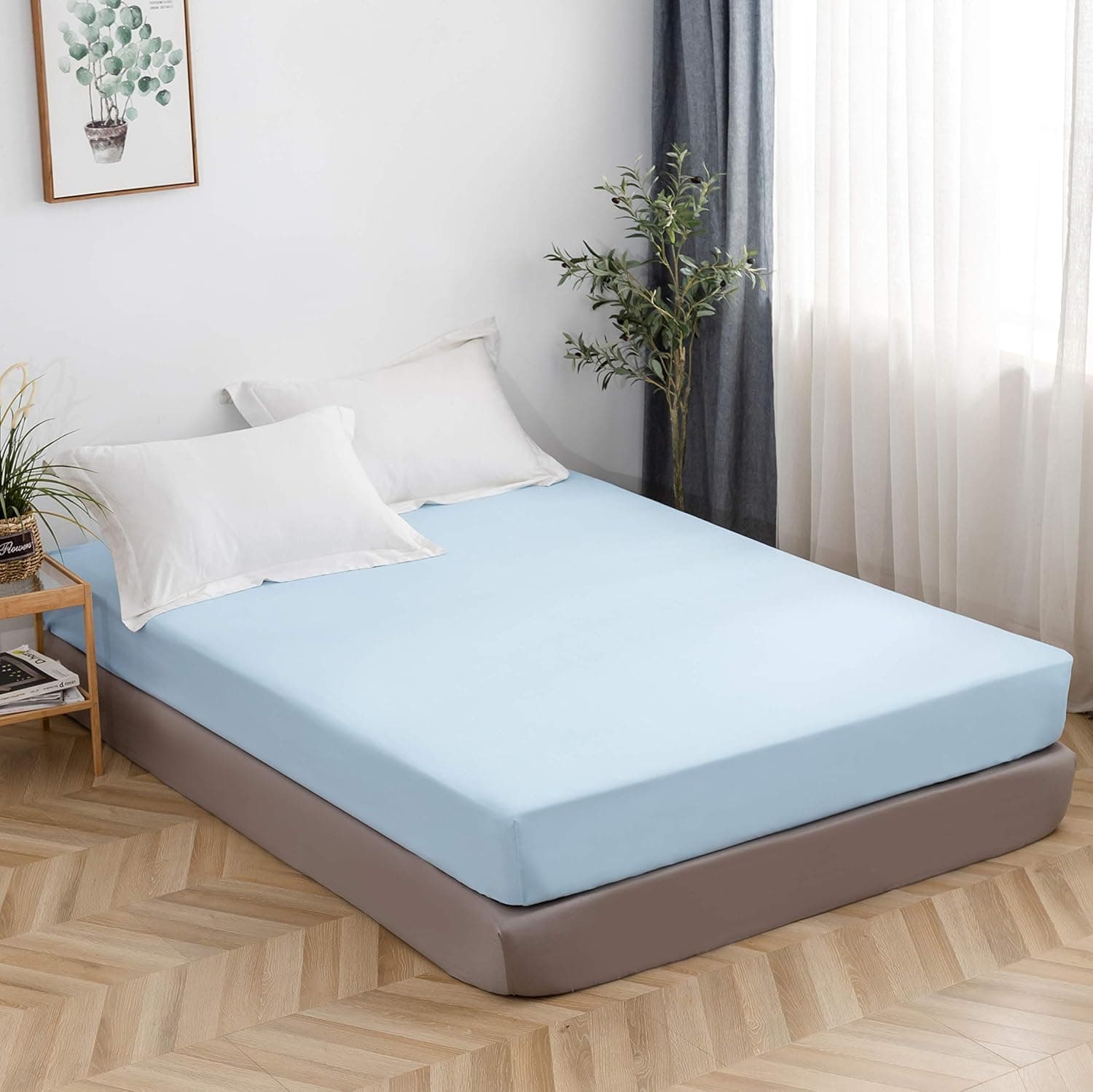 MOHAP Drap Housse 160x200cm avec Bonnet 30cm Bleu Clair Drap Housse 100 GSM en Microfibre de Haute Qualité 100% Polyester Doux, Résistant, Anti Plis 2