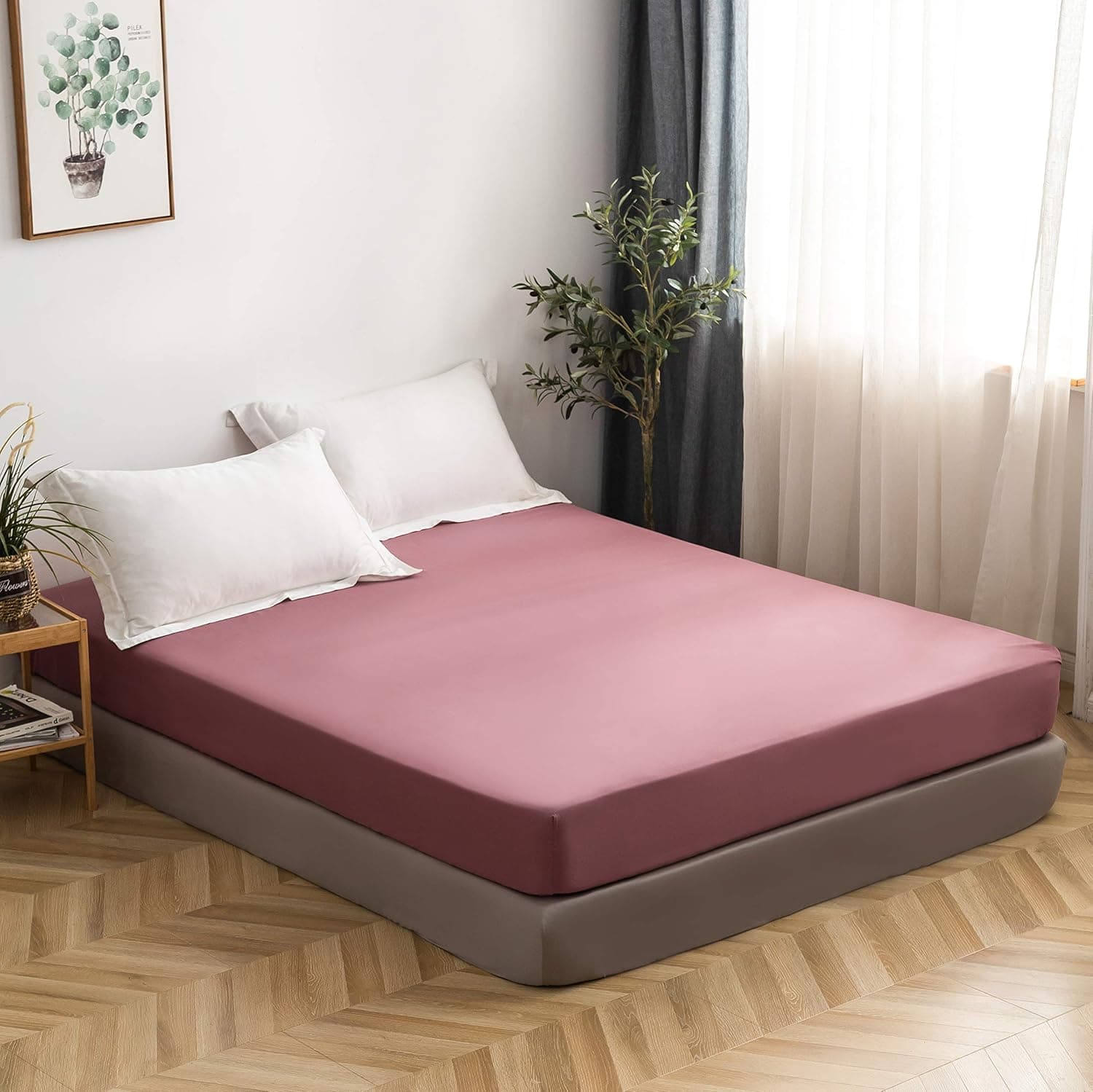 MOHAP Drap Housse 180x200cm avec Bonnet 30cm Vieux Rose Drap Housse 100 GSM en Microfibre de Haute Qualité 100% Polyester Doux, Résistant, Anti Plis 2