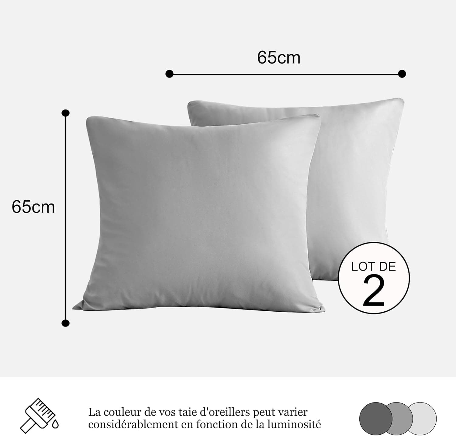 18 Couleurs Lot 2 Taie d'oreiller 65x65 cm Gris Claire Housse Oreiller Coussin pour Canapé Lit Fermeture Éclair Anti-Acariens Hypoallergénique Protège Oreiller Zip Microfibre 2
