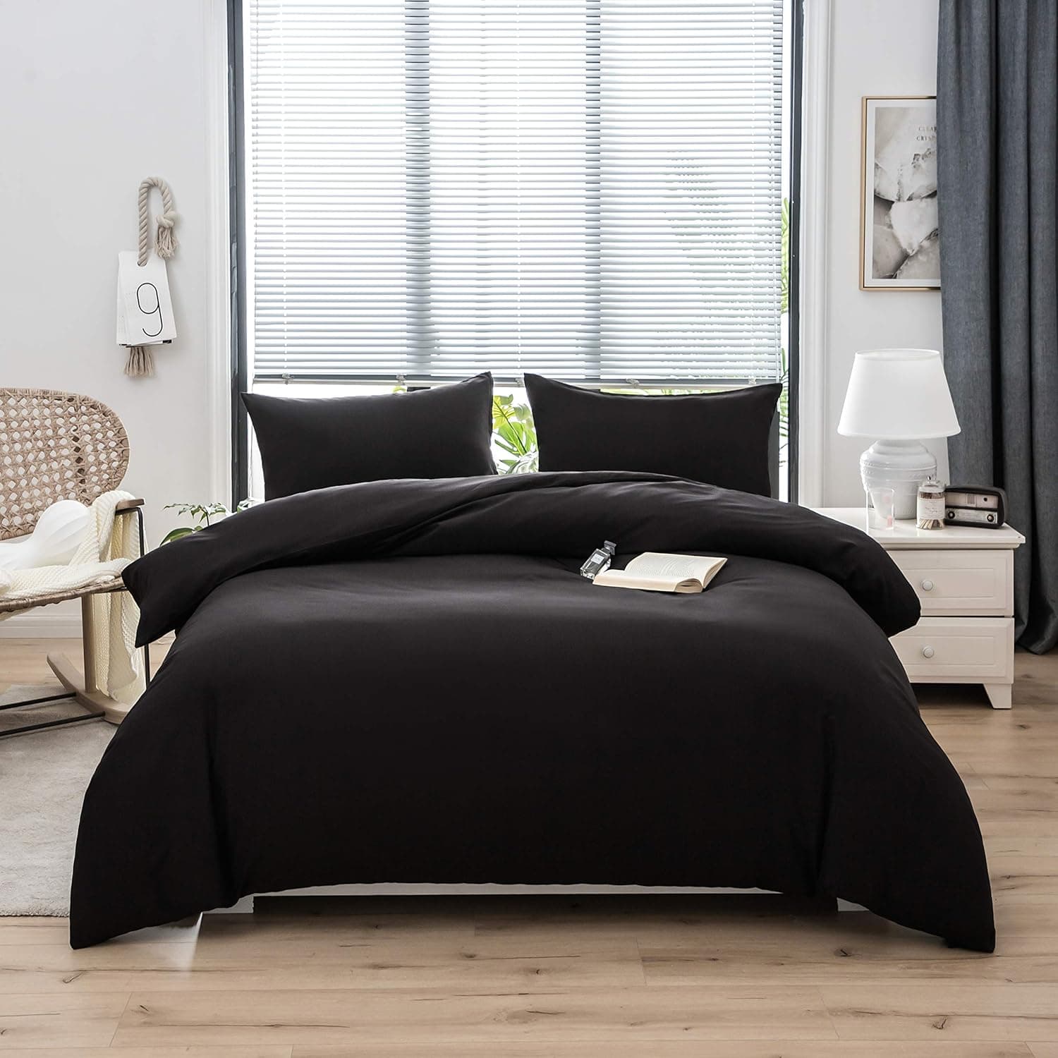 4 Pièces Sets de Housse de Couette 200x200cm Double Fermeture Éclair Noir Drap Housse 140x190/200cm + 2 Taies d'oreiller 65x65cm Parure de Lit Adulte 2 Personnes en Microfibre Brossé 2