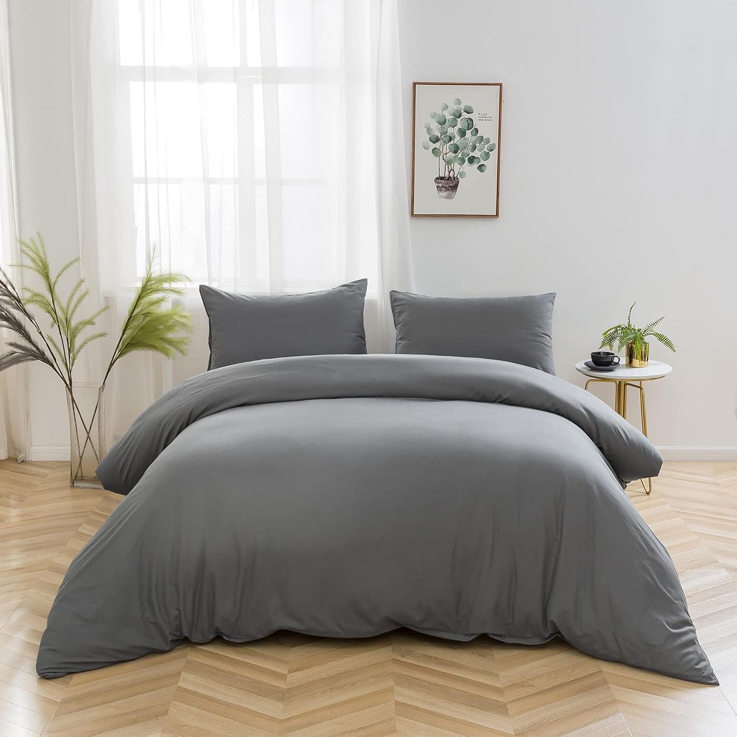 4 Pièces Sets de Housse de Couette 200x200cm Double Fermeture Éclair Gris Drap Housse 160x200cm + 2 Taies d'oreiller 65x65cm Parure de Lit Adulte 2 Personnes en Microfibre Brossé 2