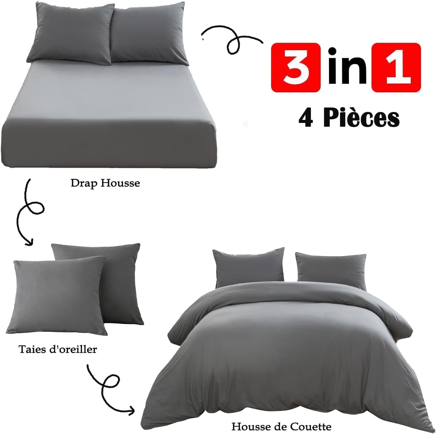 4 Pièces Sets de Housse de Couette 200x200cm Double Fermeture Éclair Gris Drap Housse 160x200cm + 2 Taies d'oreiller 65x65cm Parure de Lit Adulte 2 Personnes en Microfibre Brossé 3