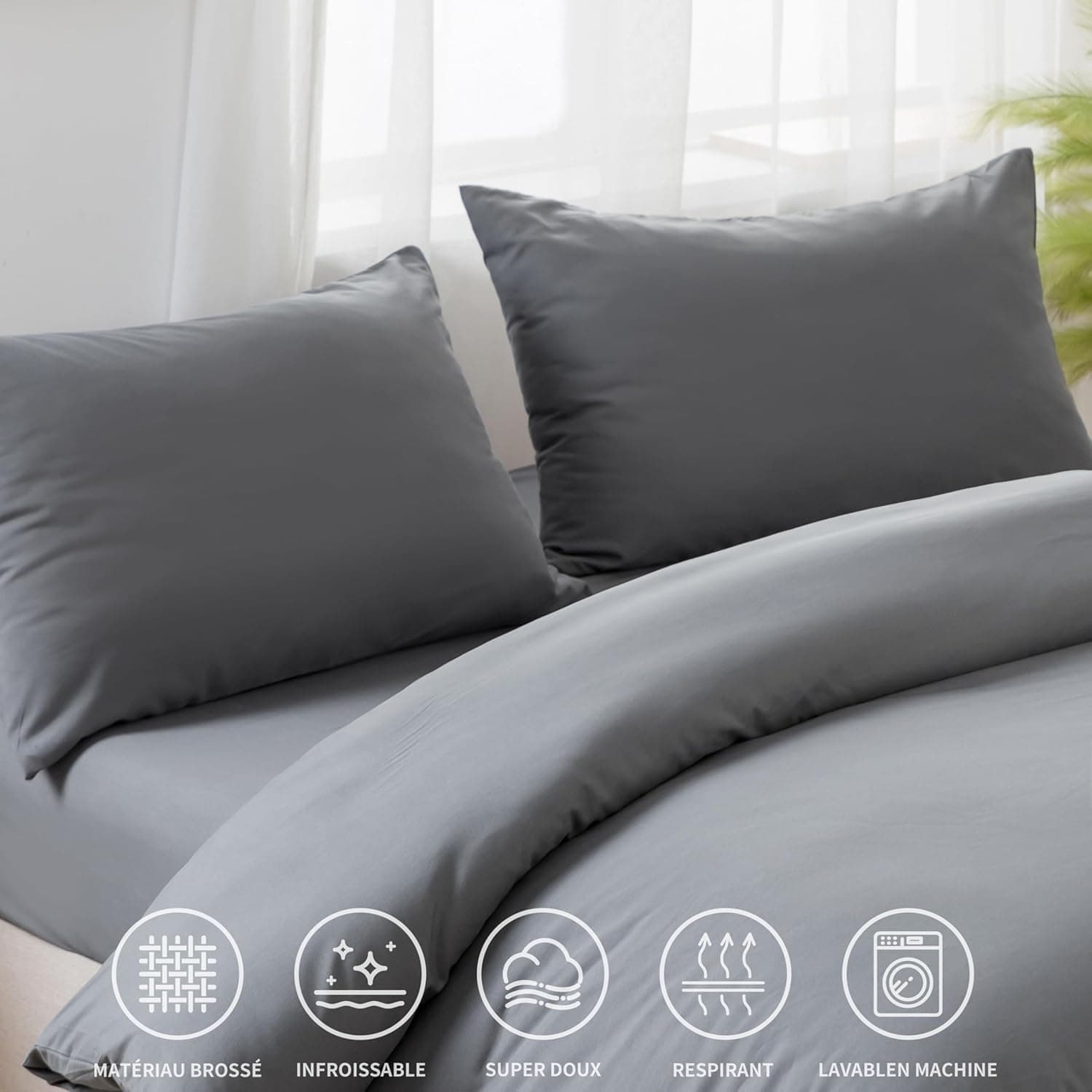 4 Pièces Sets de Housse de Couette 200x200cm Double Fermeture Éclair Gris Drap Housse 160x200cm + 2 Taies d'oreiller 65x65cm Parure de Lit Adulte 2 Personnes en Microfibre Brossé 6