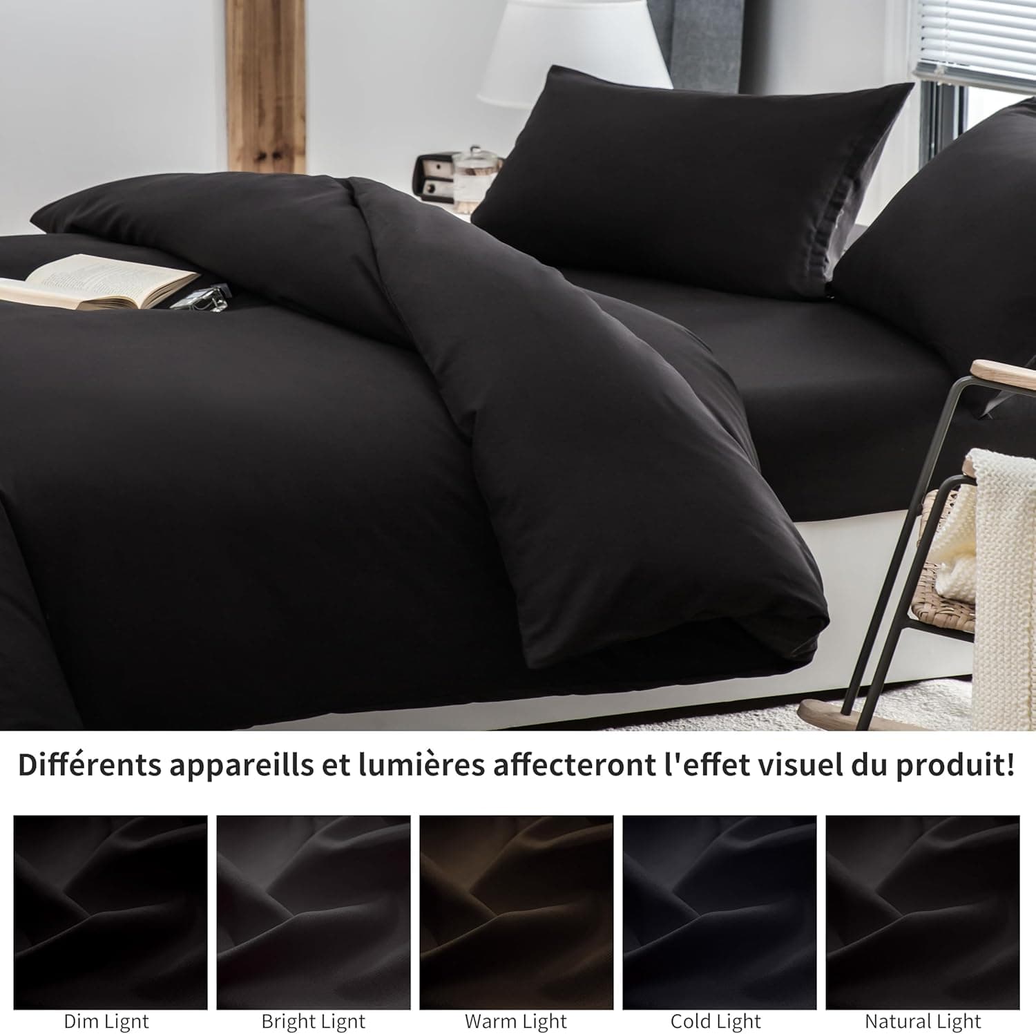 4 Pièces Sets de Housse de Couette 240x260cm Double Fermeture Éclair Noir Drap Housse 180x200cm + 2 Taies d'oreiller 65x65cm Parure de Lit Adulte 2 Personnes en Microfibre Brossé 8