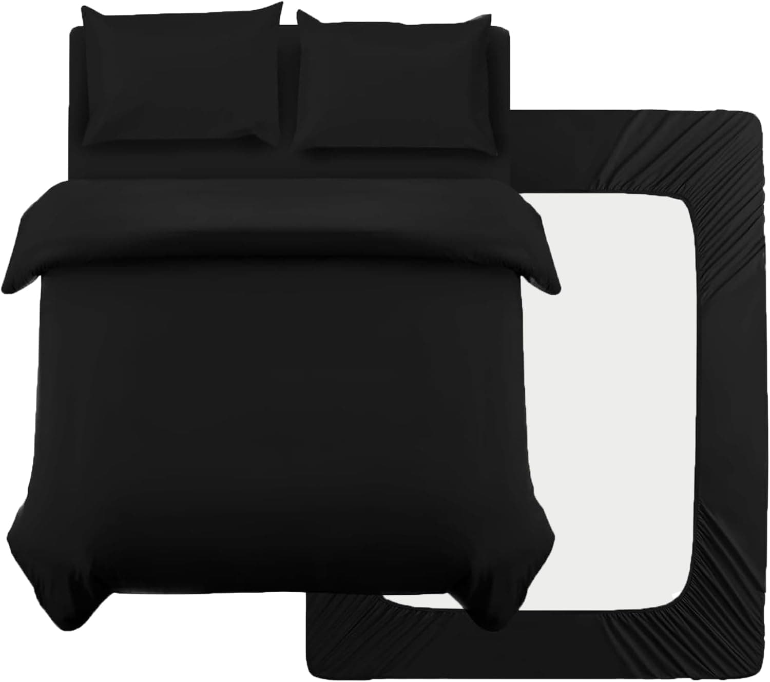 4 Pièces Sets de Housse de Couette 220x240cm Double Fermeture Éclair Noir Drap Housse 160x200cm + 2 Taies d'oreiller 65x65cm Parure de Lit Adulte 2 Personnes en Microfibre Brossé