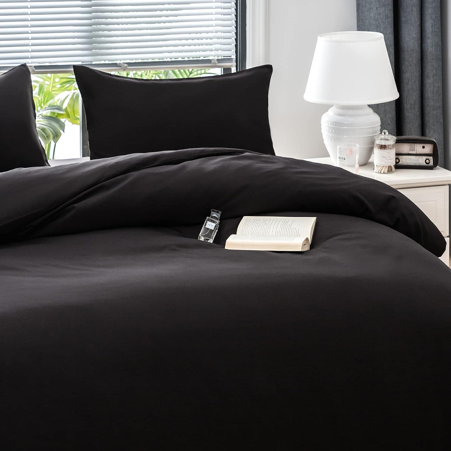 4 Pièces Sets de Housse de Couette 220x240cm Double Fermeture Éclair Noir Drap Housse 160x200cm + 2 Taies d'oreiller 65x65cm Parure de Lit Adulte 2 Personnes en Microfibre Brossé 6