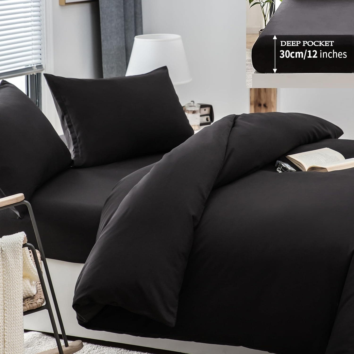 4 Pièces Sets de Housse de Couette 220x240cm Double Fermeture Éclair Noir Drap Housse 160x200cm + 2 Taies d'oreiller 65x65cm Parure de Lit Adulte 2 Personnes en Microfibre Brossé 7
