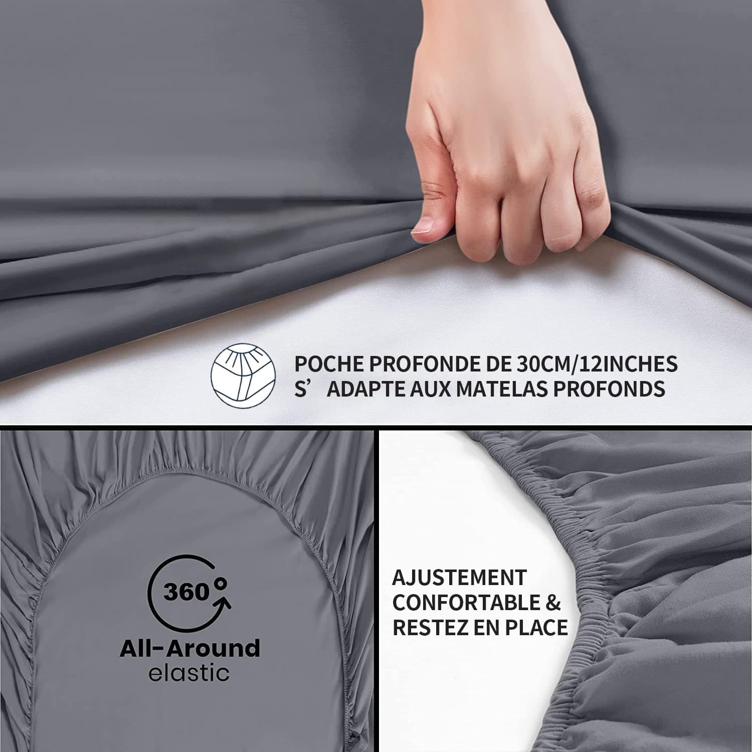 4 Pièces Sets de Housse de Couette 220x240cm Double Fermeture Éclair Gris Drap Housse 140x190/200cm + 2 Taies d'oreiller 65x65cm Parure de Lit Adulte 2 Personnes en Microfibre Brossé 4