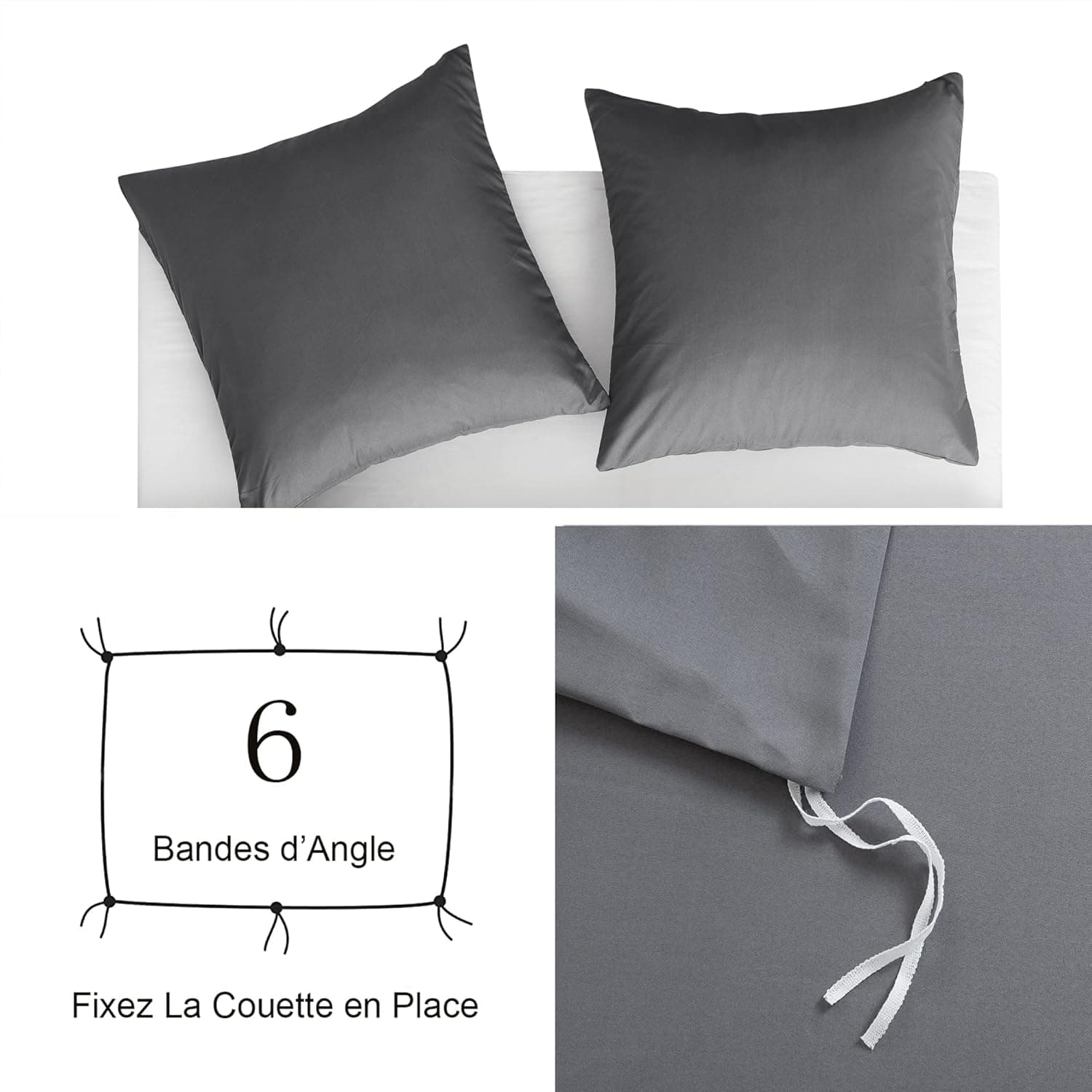 4 Pièces Sets de Housse de Couette 220x240cm Double Fermeture Éclair Gris Drap Housse 140x190/200cm + 2 Taies d'oreiller 65x65cm Parure de Lit Adulte 2 Personnes en Microfibre Brossé 5