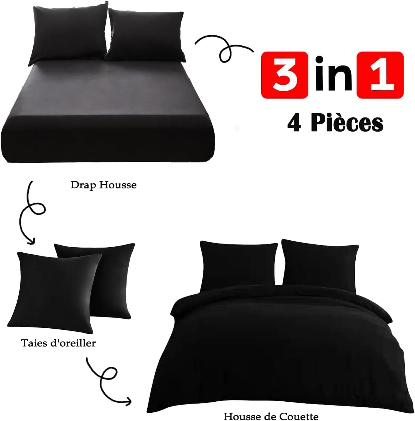 4 Pièces Sets de Housse de Couette 200x200cm Double Fermeture Éclair Noir Drap Housse 140x190/200cm + 2 Taies d'oreiller 65x65cm Parure de Lit Adulte 2 Personnes en Microfibre Brossé 6