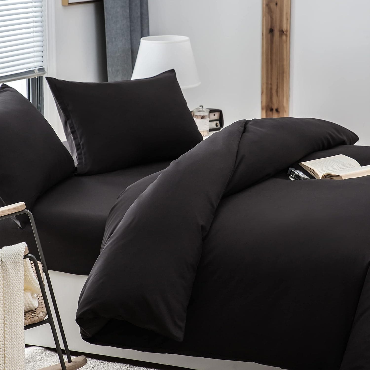 4 Pièces Sets de Housse de Couette 200x200cm Double Fermeture Éclair Noir Drap Housse 140x190/200cm + 2 Taies d'oreiller 65x65cm Parure de Lit Adulte 2 Personnes en Microfibre Brossé 7