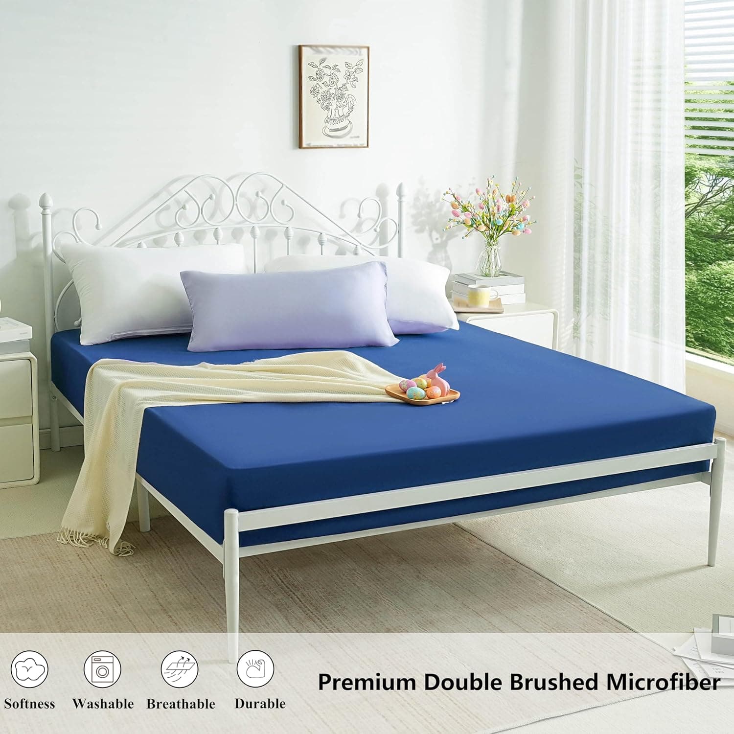 AYASW Fitted Sheet Only Queen Size Deep Pocket 16 Inches Bed Bottom Sheet 1 Piece Premium Soft and Cozy 1800 Brushed Microfiber Wrinkle Fade Resistant Easy Care Stable Blue Holiday Décor 3