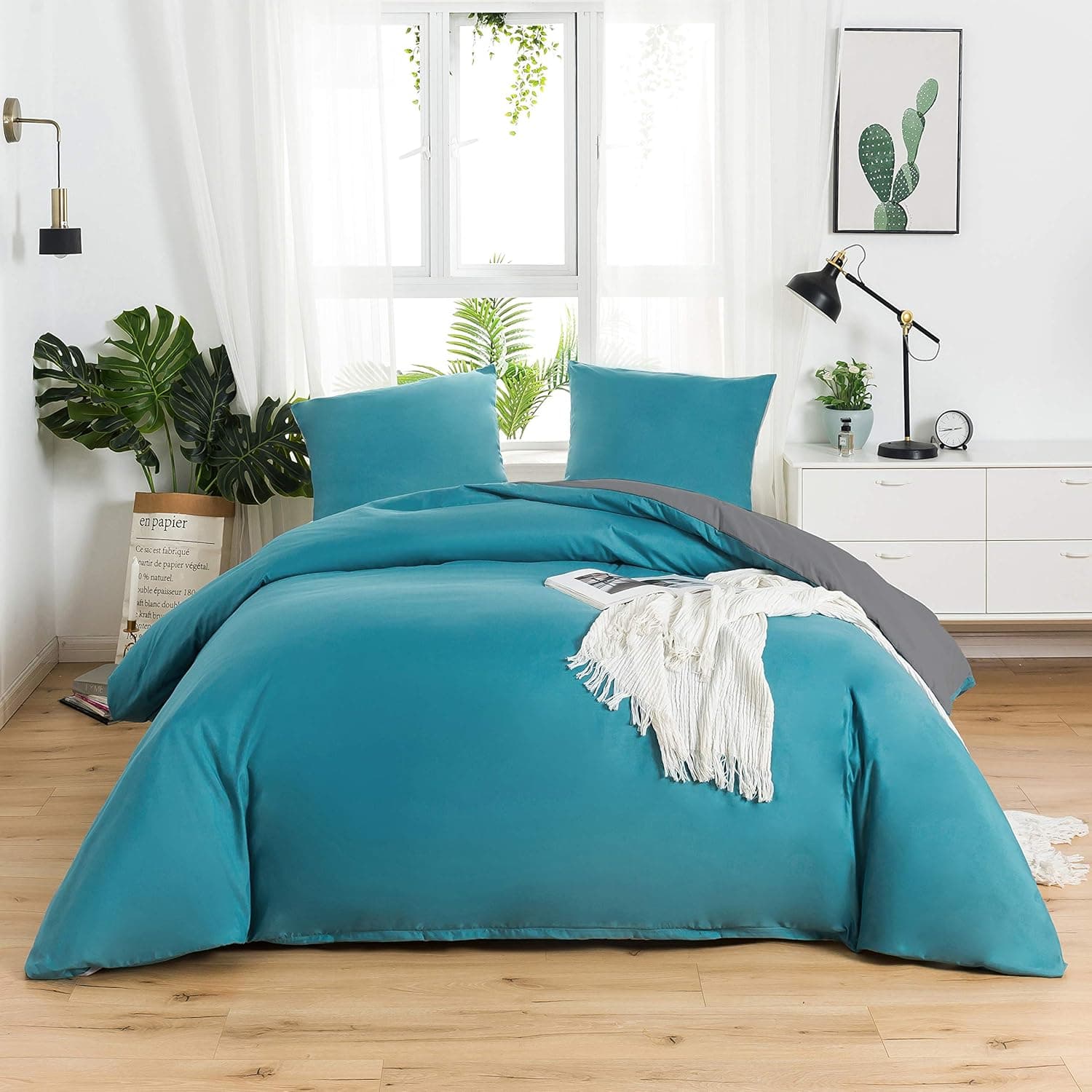 MOHAP Housse de Couette Réversible 220x240 / 65x65x2 cm Bleu Lac + Gris Foncé Parure de Lit Bicolore pour 2 Personnes Fermeture Éclair Sets de Housse Couette